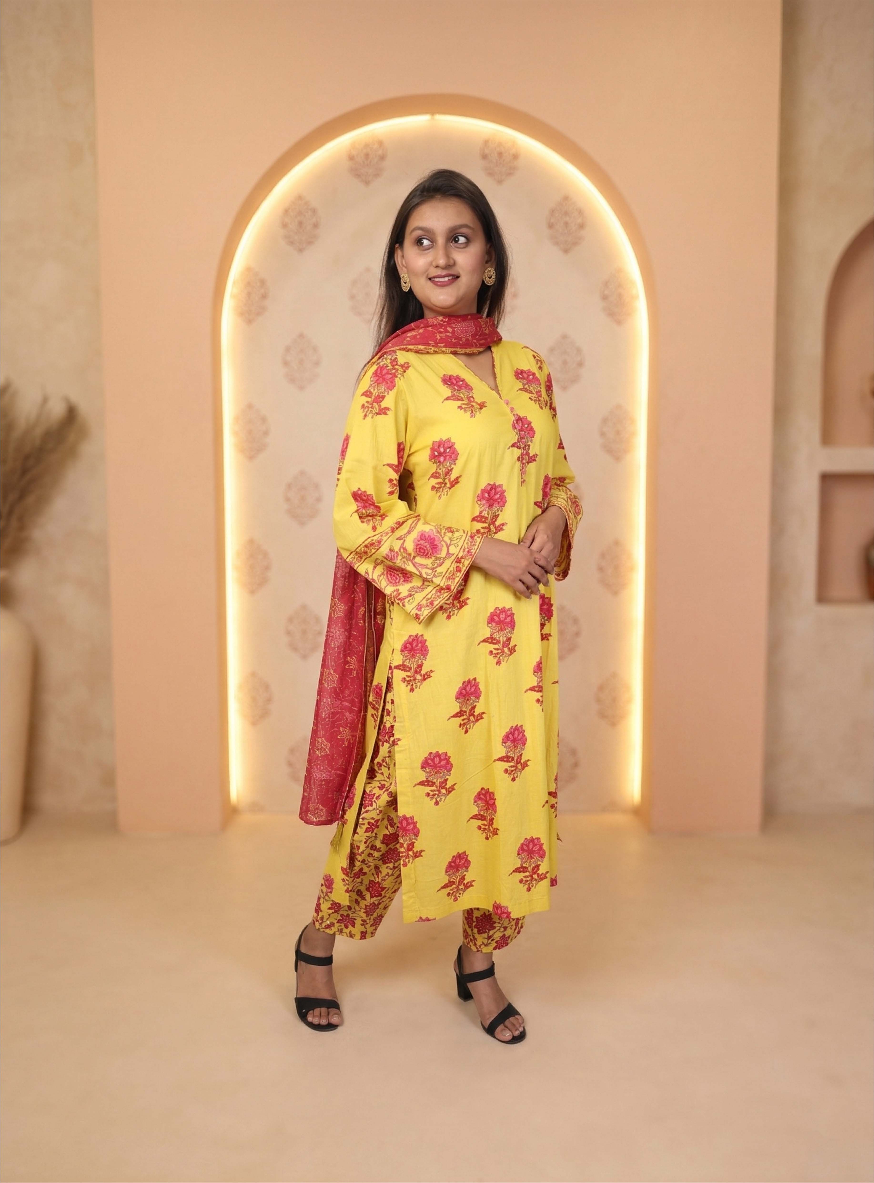 Yellow cotton block print straight suit set with kota doriya dupatta