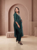 Dark Green silk blend hand work straight suit set with dupatta