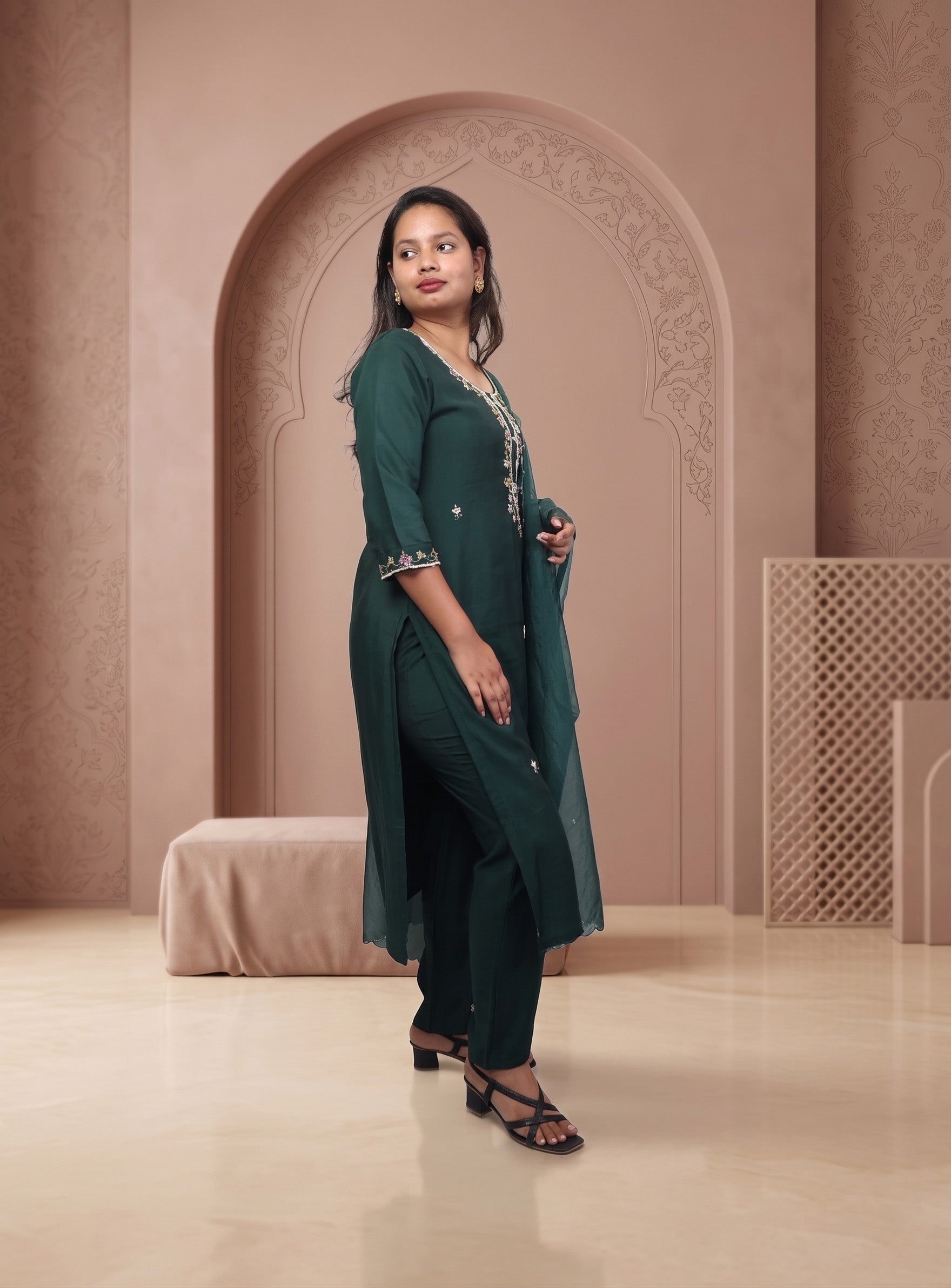 Dark Green silk blend hand work straight suit set with dupatta