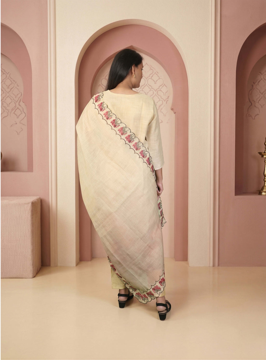 Beige Linen Handpainted straight suit-set with Dupatta