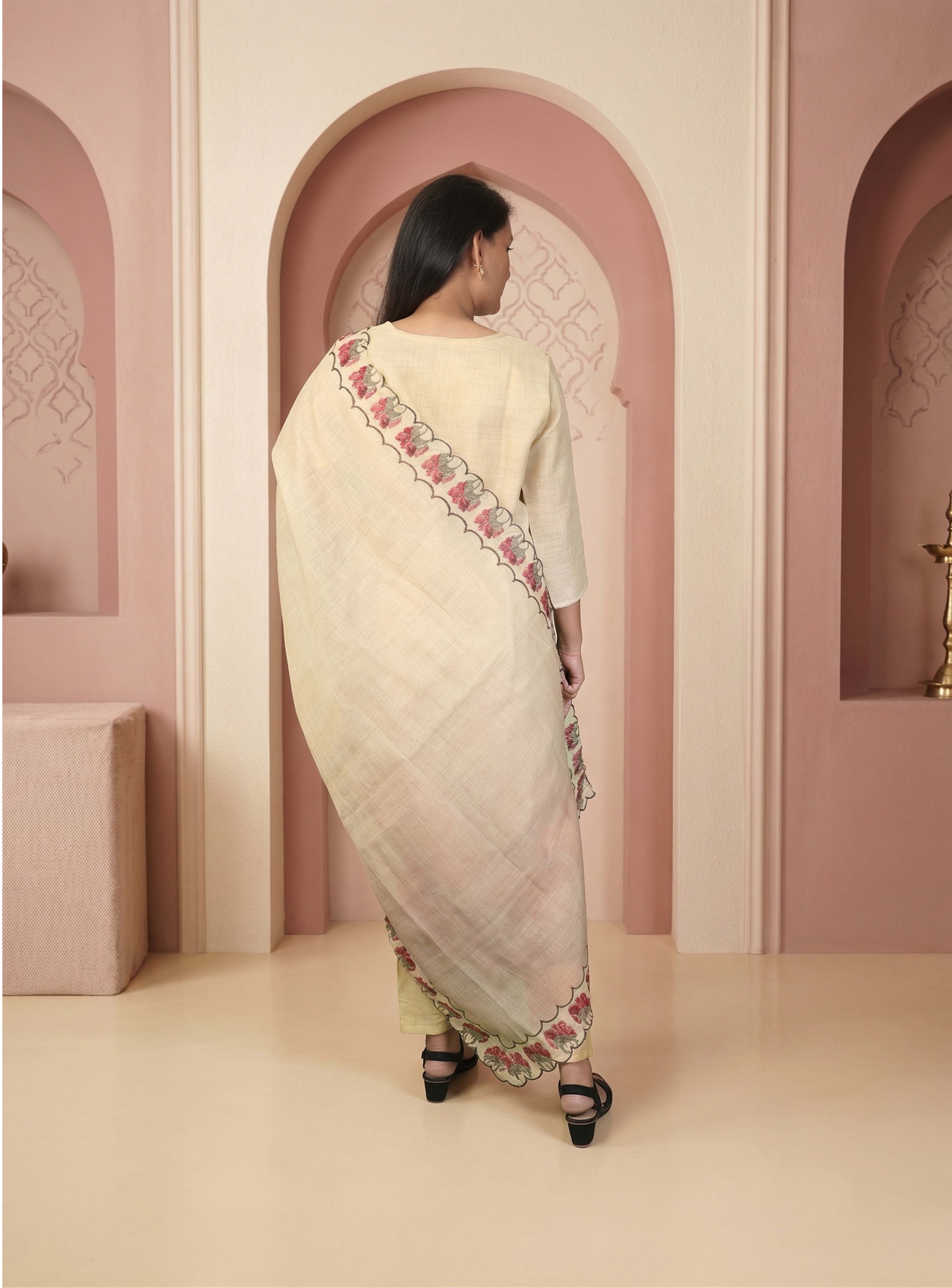 Beige Linen Handpainted straight suit-set with Dupatta
