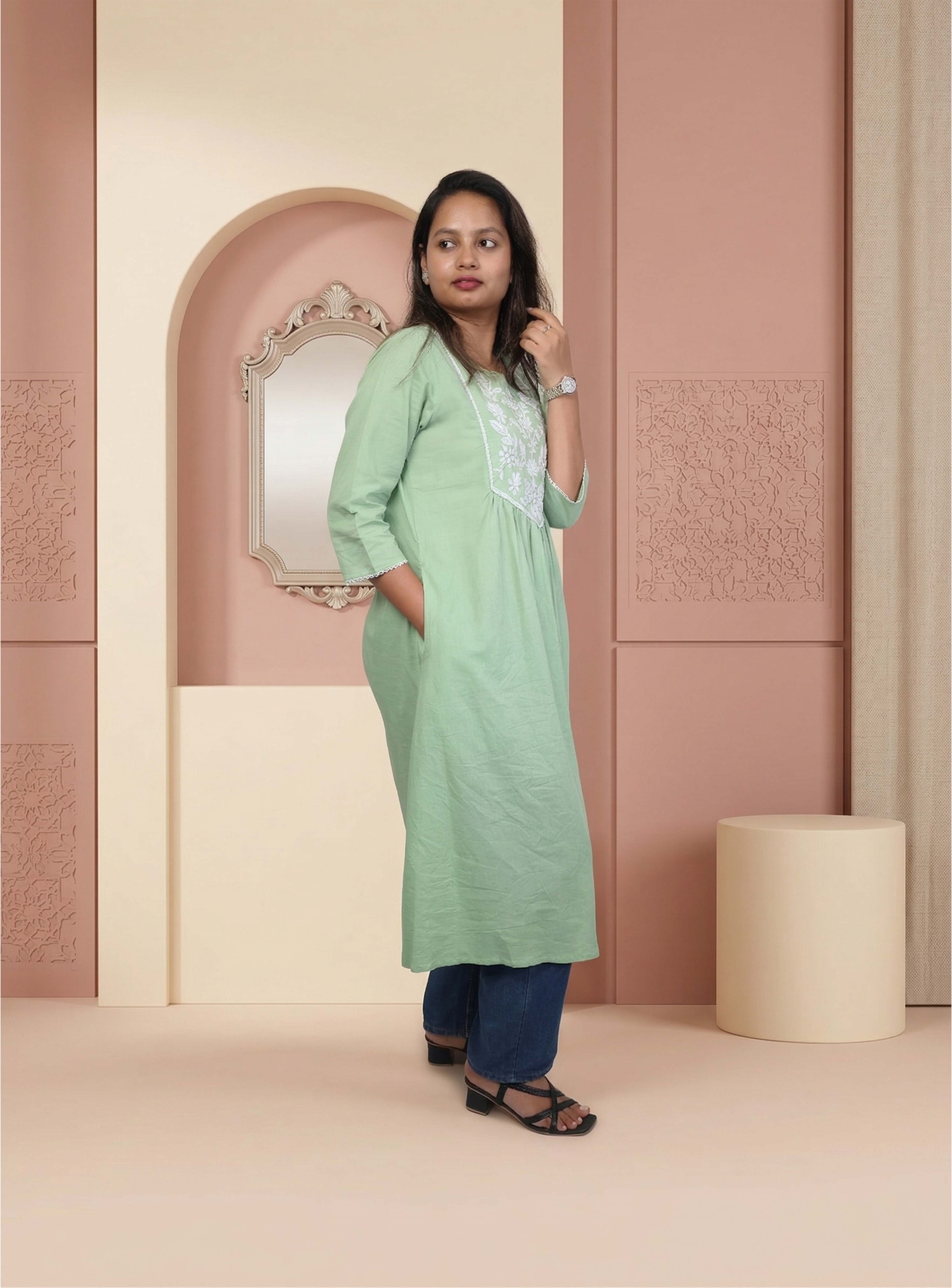 Pista thread work cotton A-line kurta