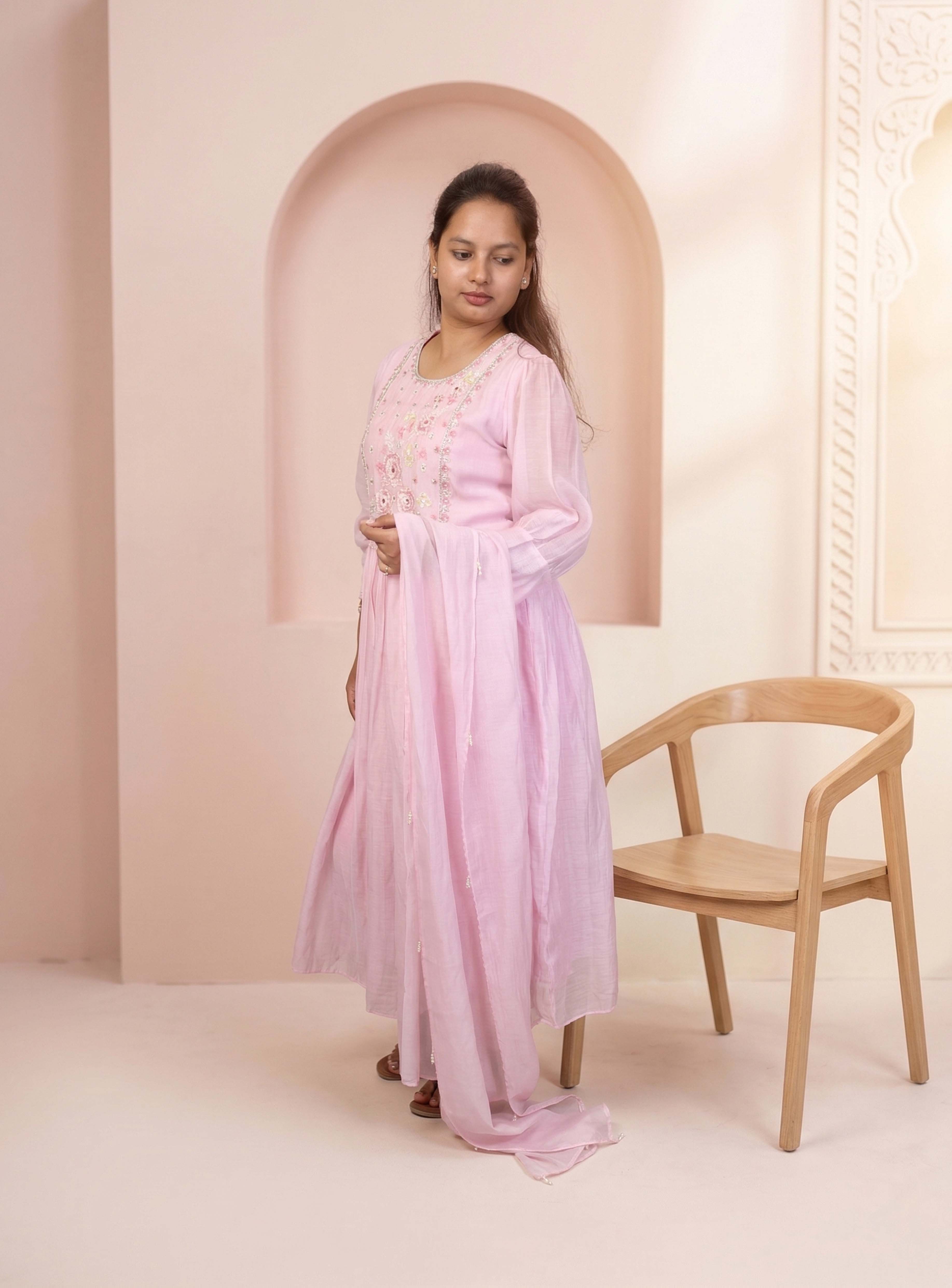 Pink Banarasi mul chanderi Anarkali set with dupatta