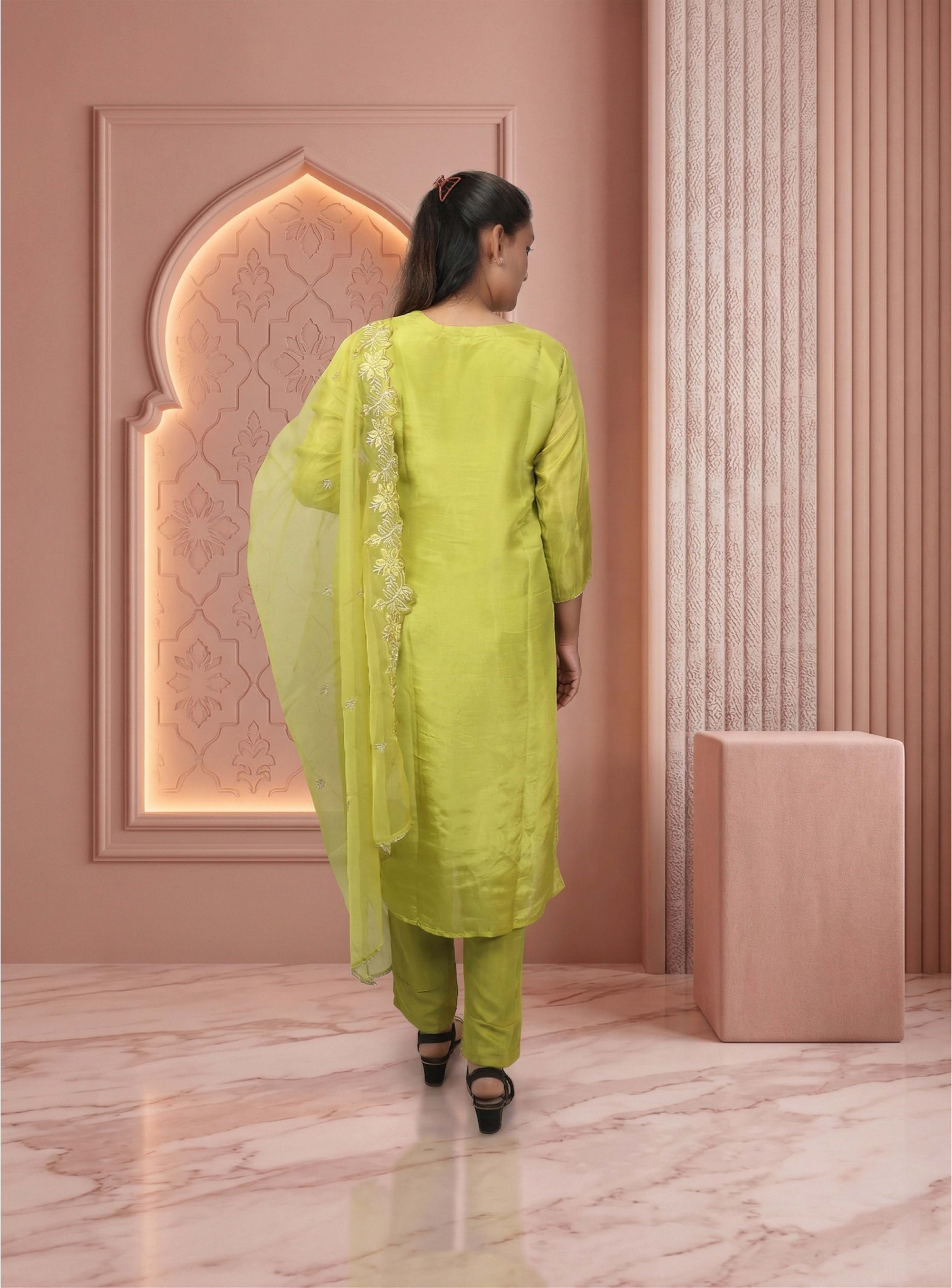 Green tissue shimer straight suit-set, with dupatta