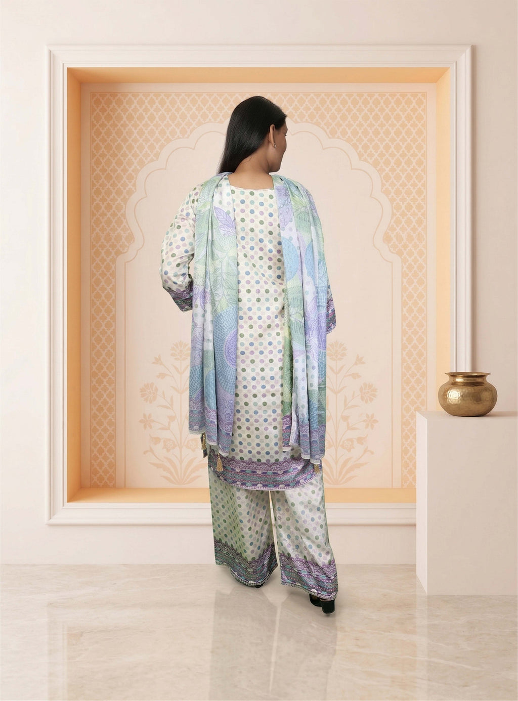 Off white polka dot straight suit set with dupatta