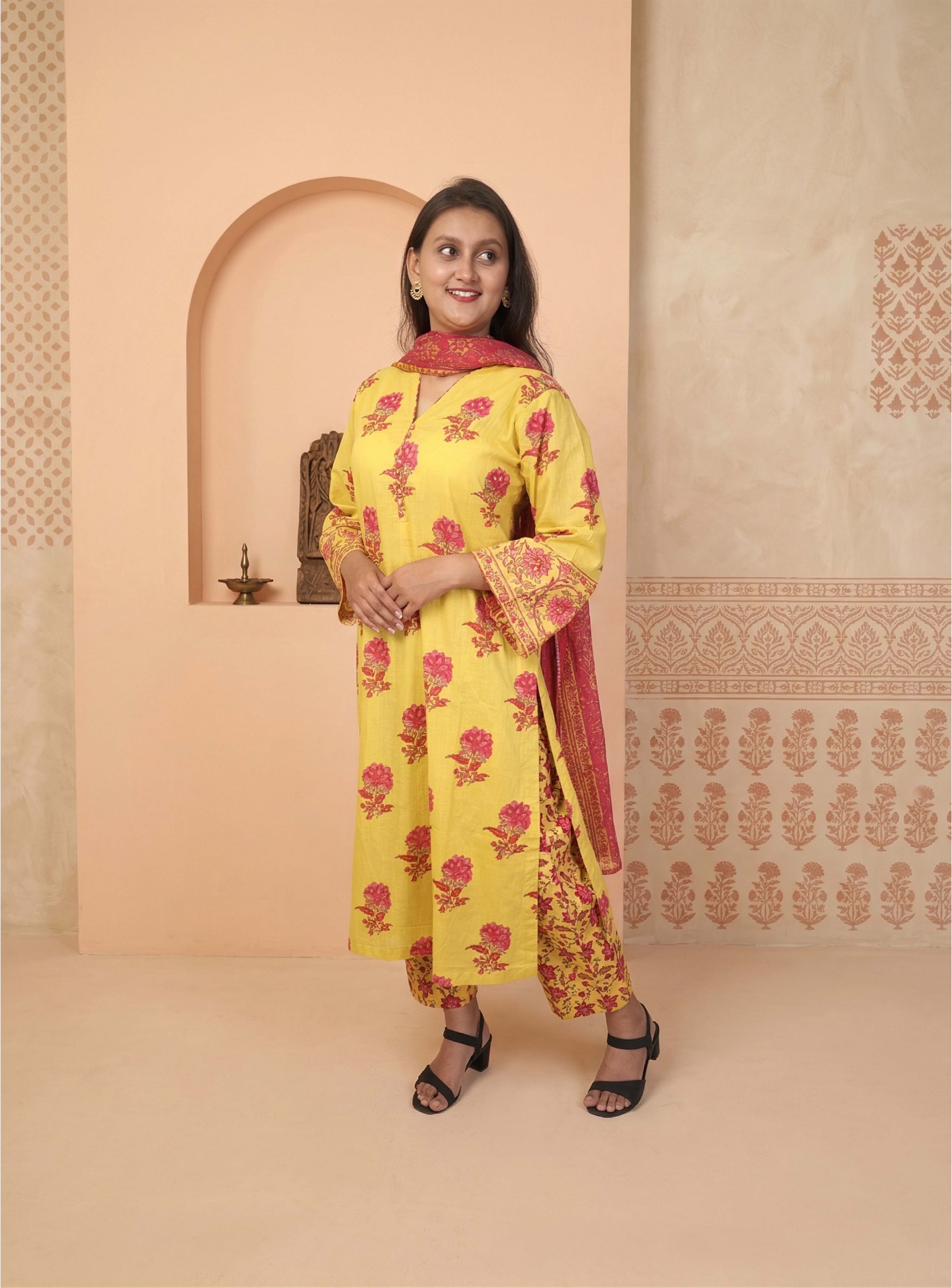 Yellow cotton block print straight suit set with kota doriya dupatta