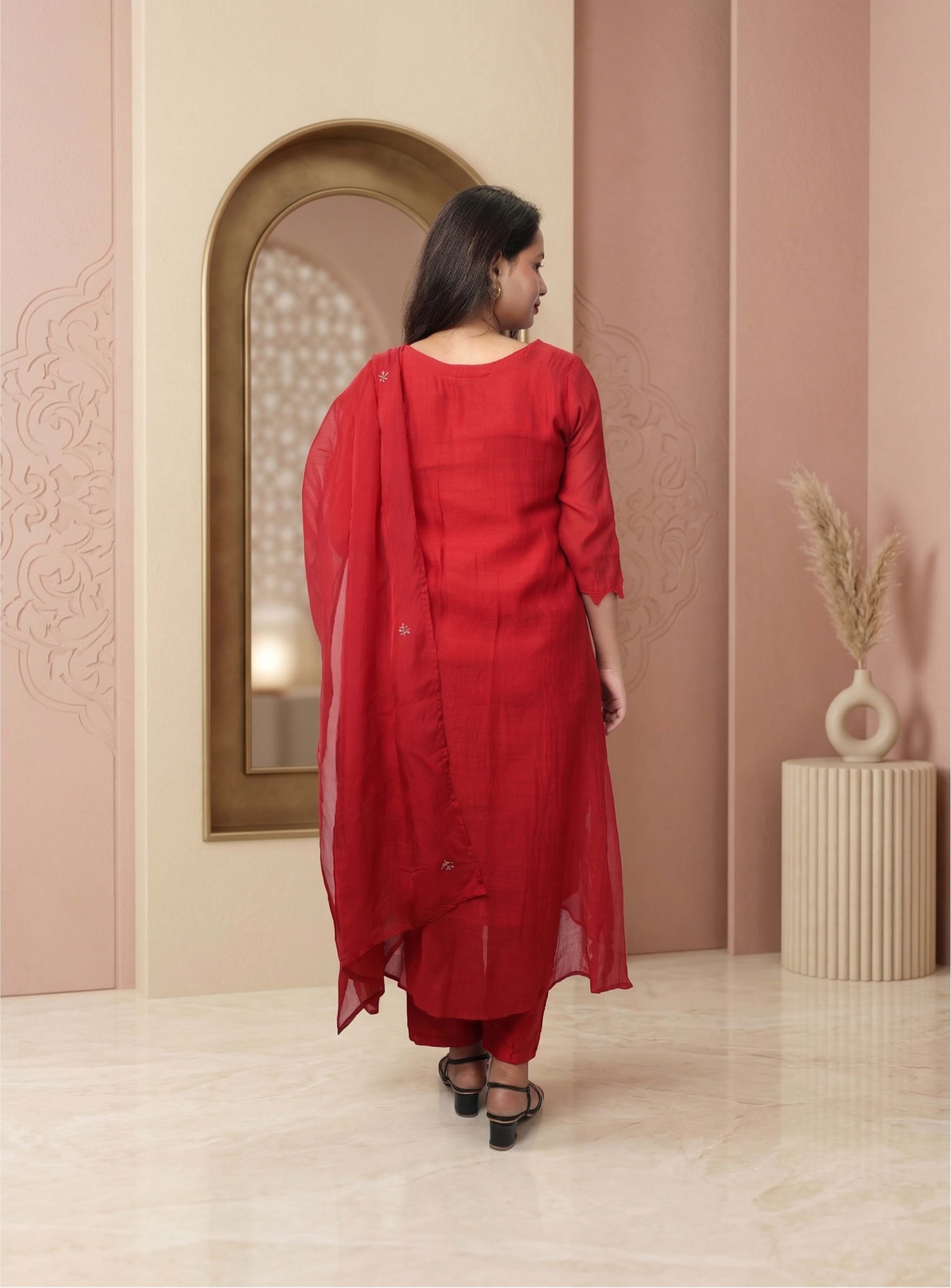 Red banarasi mul chanderi A-line suit-set with dupatta