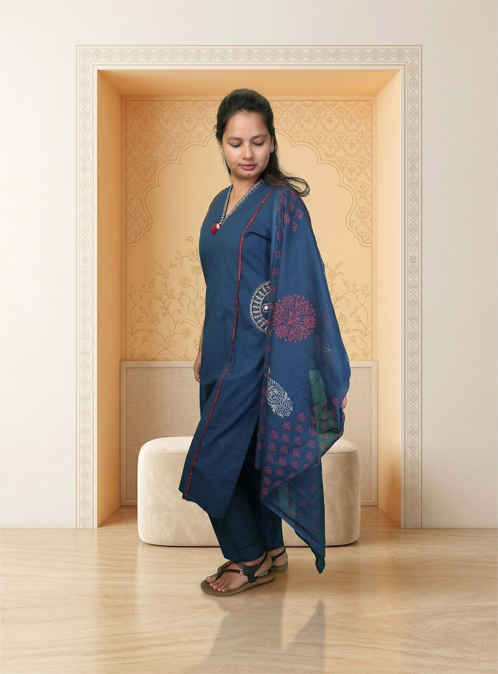 Blue warli print cotton straight suit set with block print dupatta