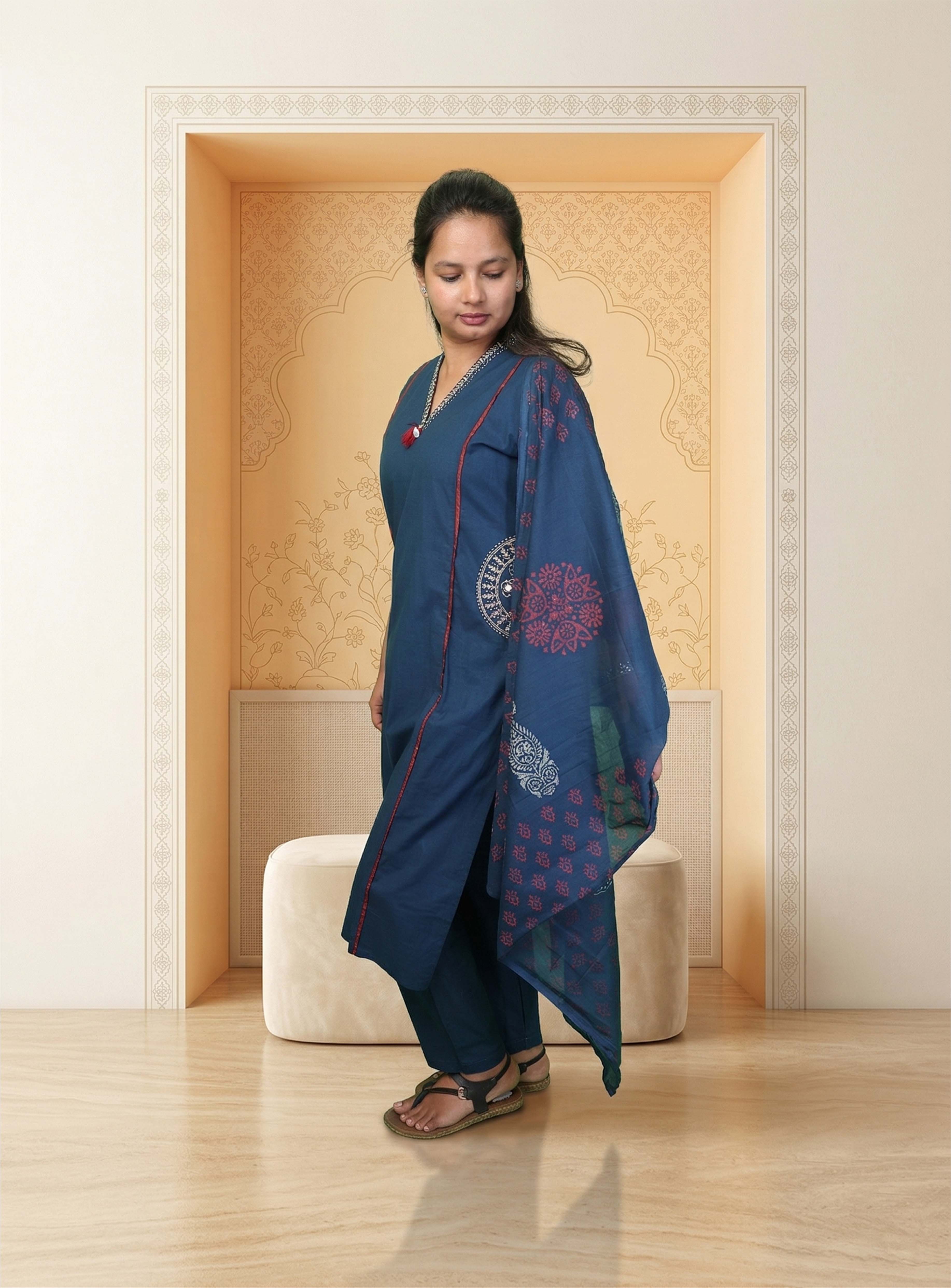 Blue warli print cotton straight suit set with block print dupatta