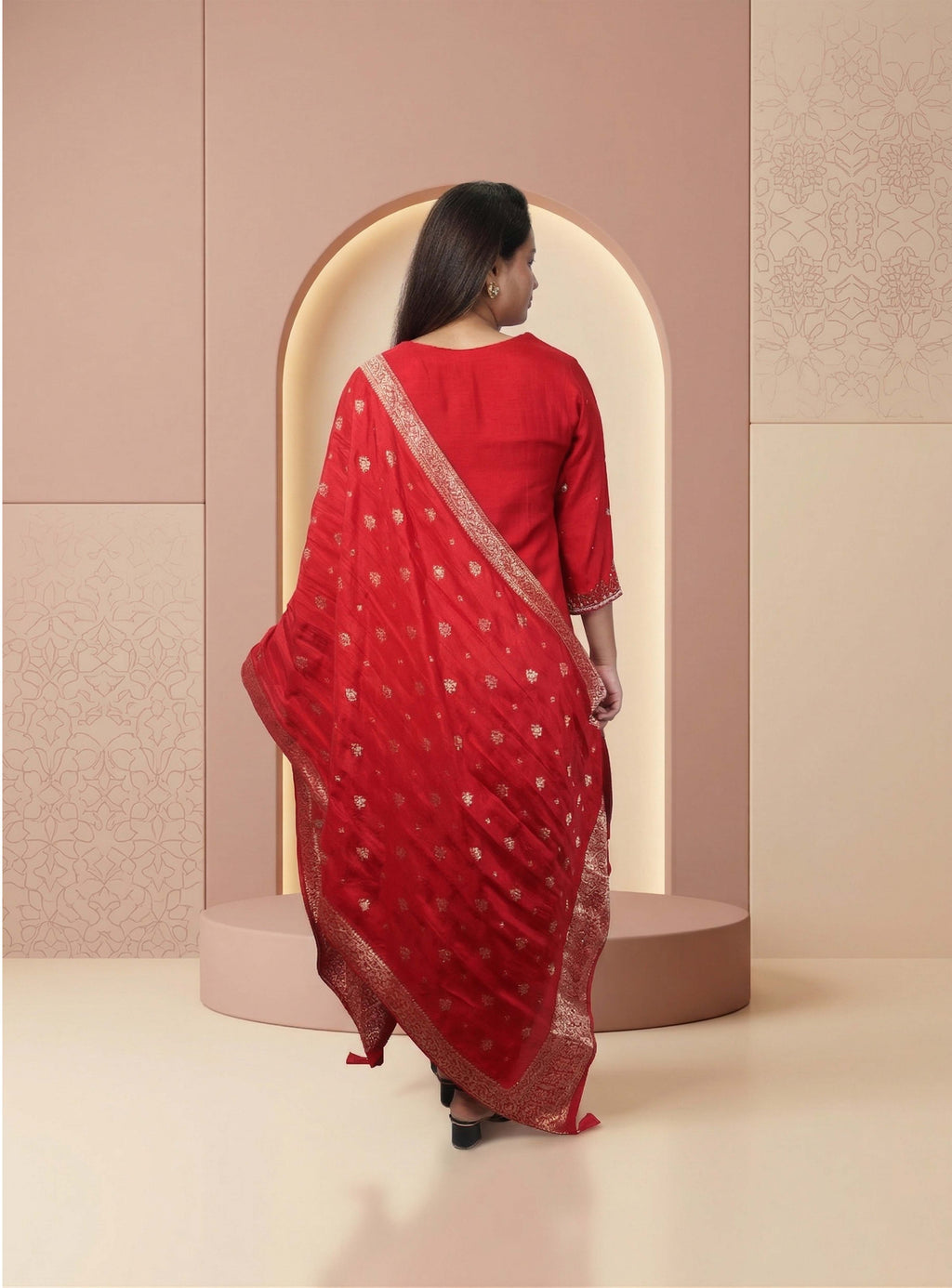 Red dola silk A-line suit-set with dupatta