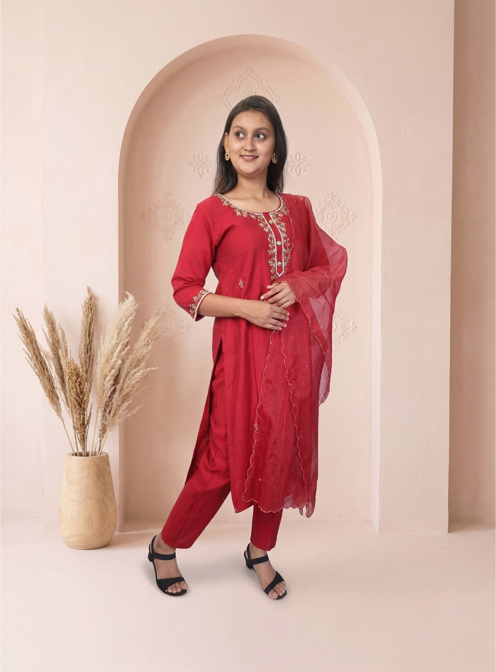 Red silk blend hand work straight suit set with dupatta