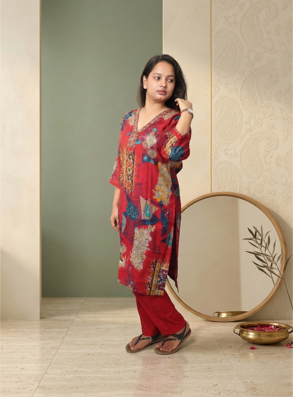 Red Musline Printed Co-ord Set