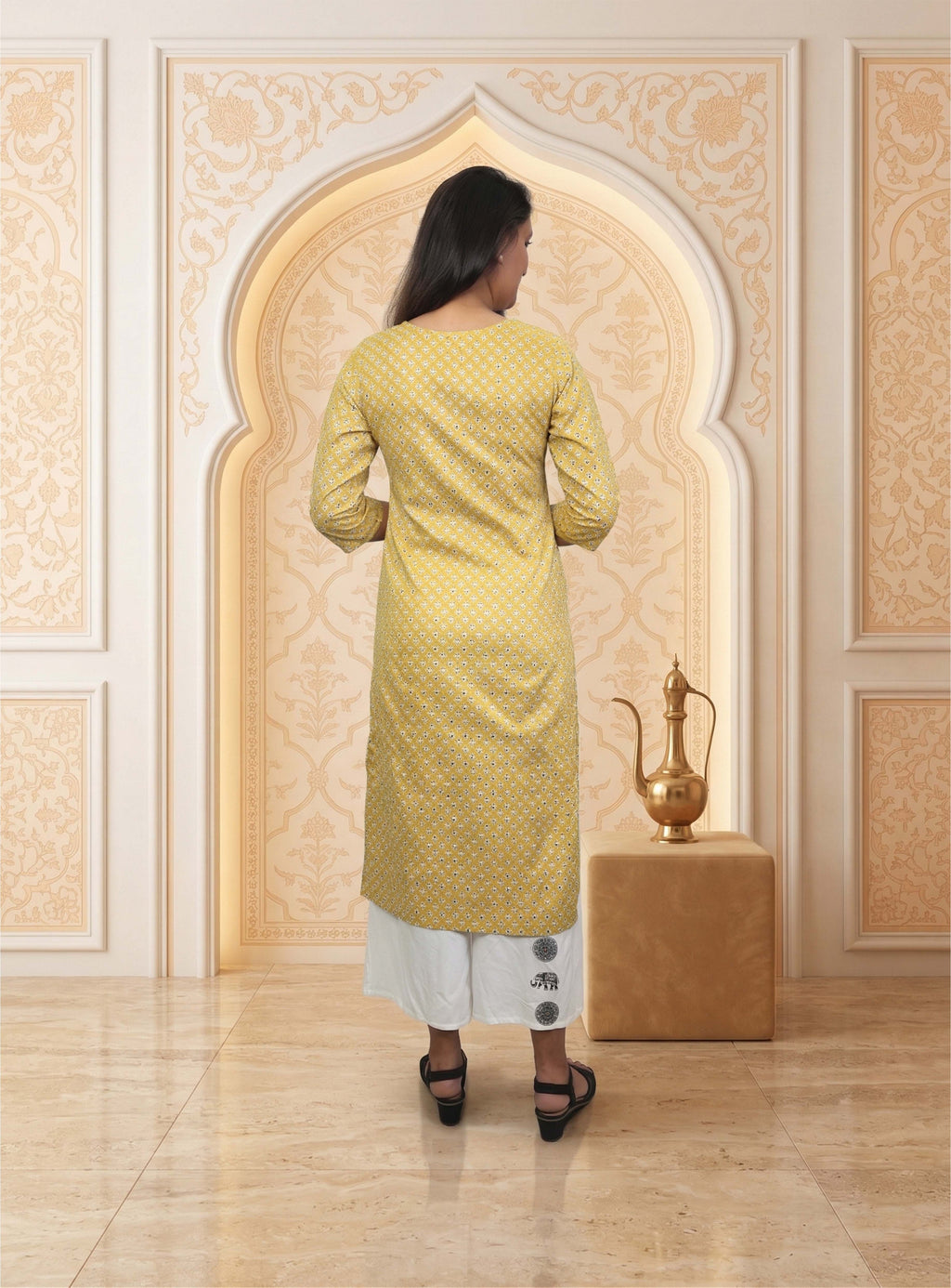 Yellow cotton straight printed kurti