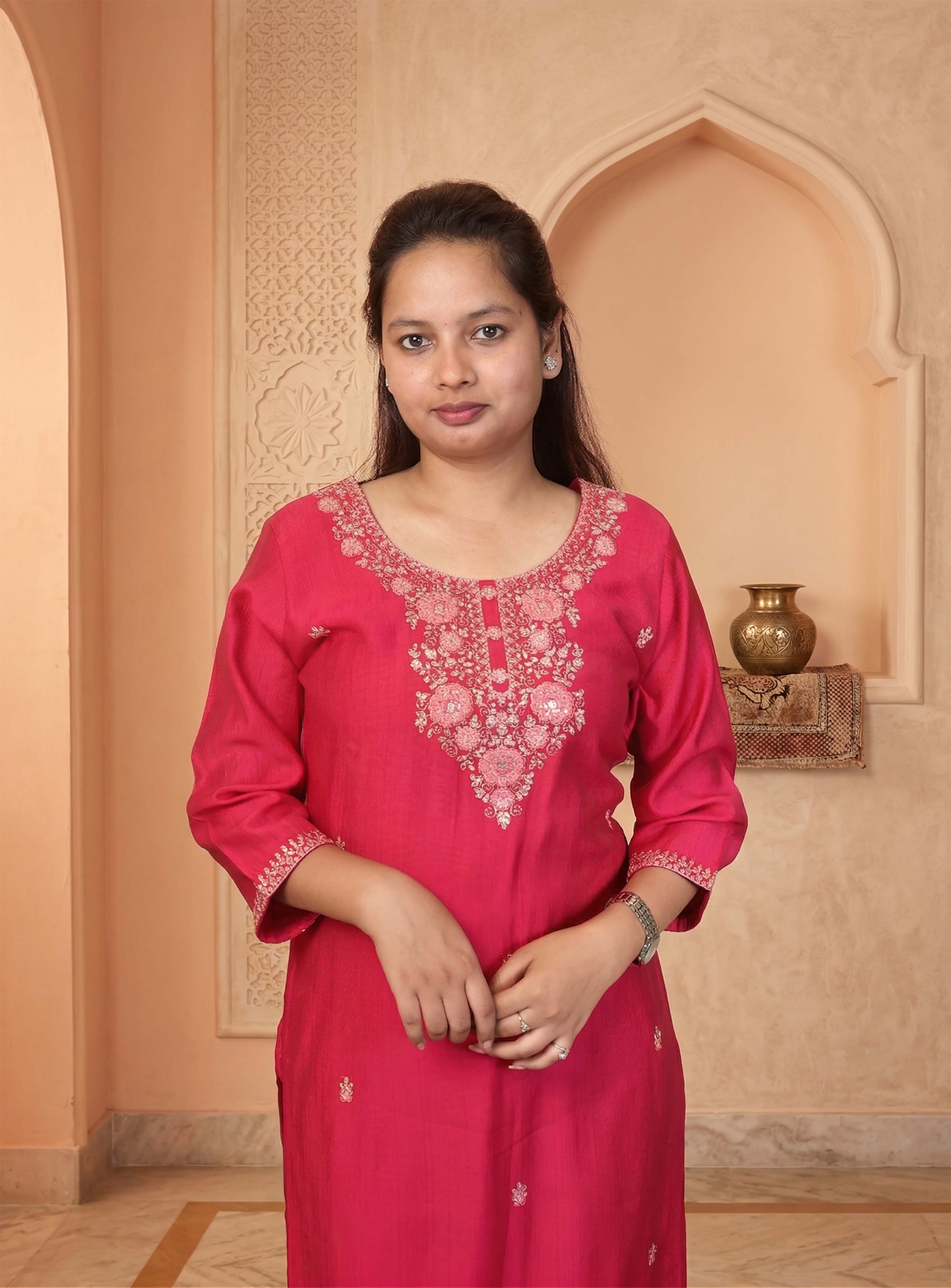 Pink silk blend straight suit set with dupatta