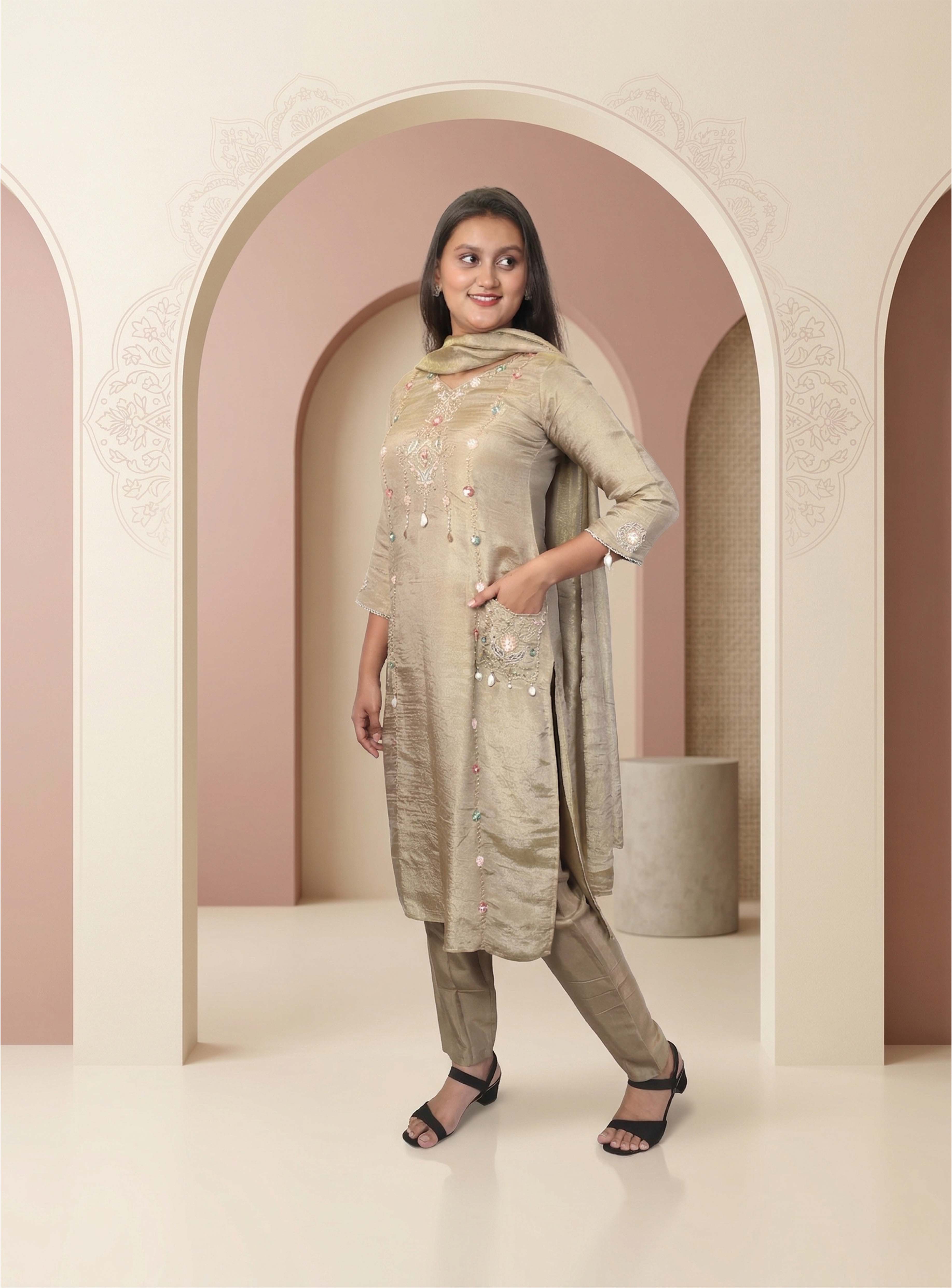 Beige tissue handwork straight suit-set  with dupatta