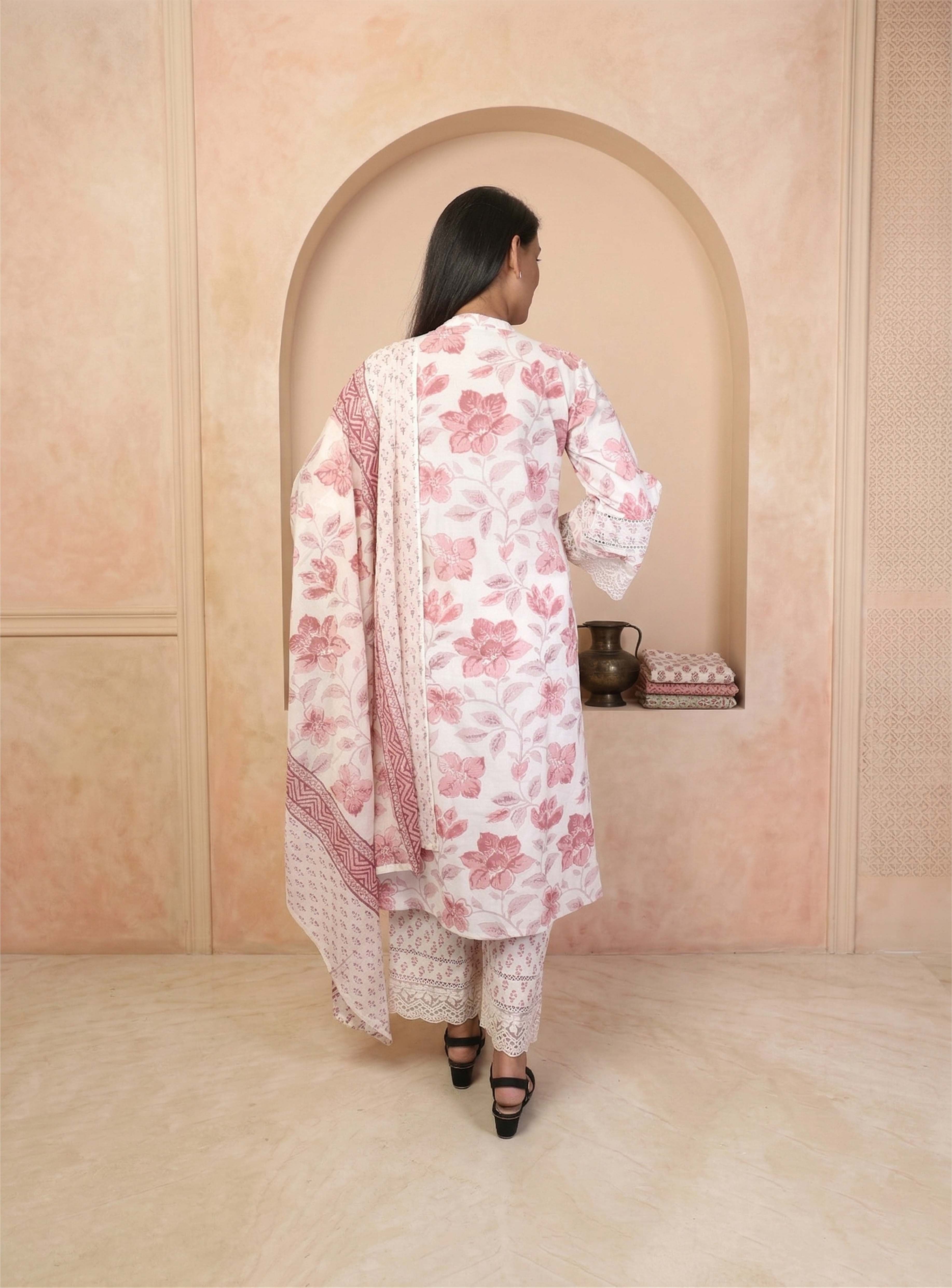 White and pink cotton floral straight suit set with dupatta
