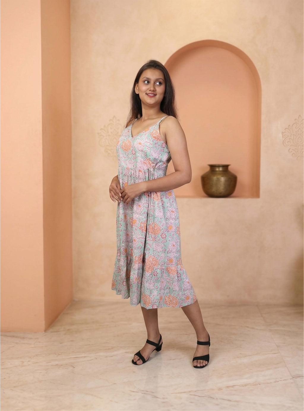 Sky Blue Printed Cotton Fit and Flare One Piece Dress
