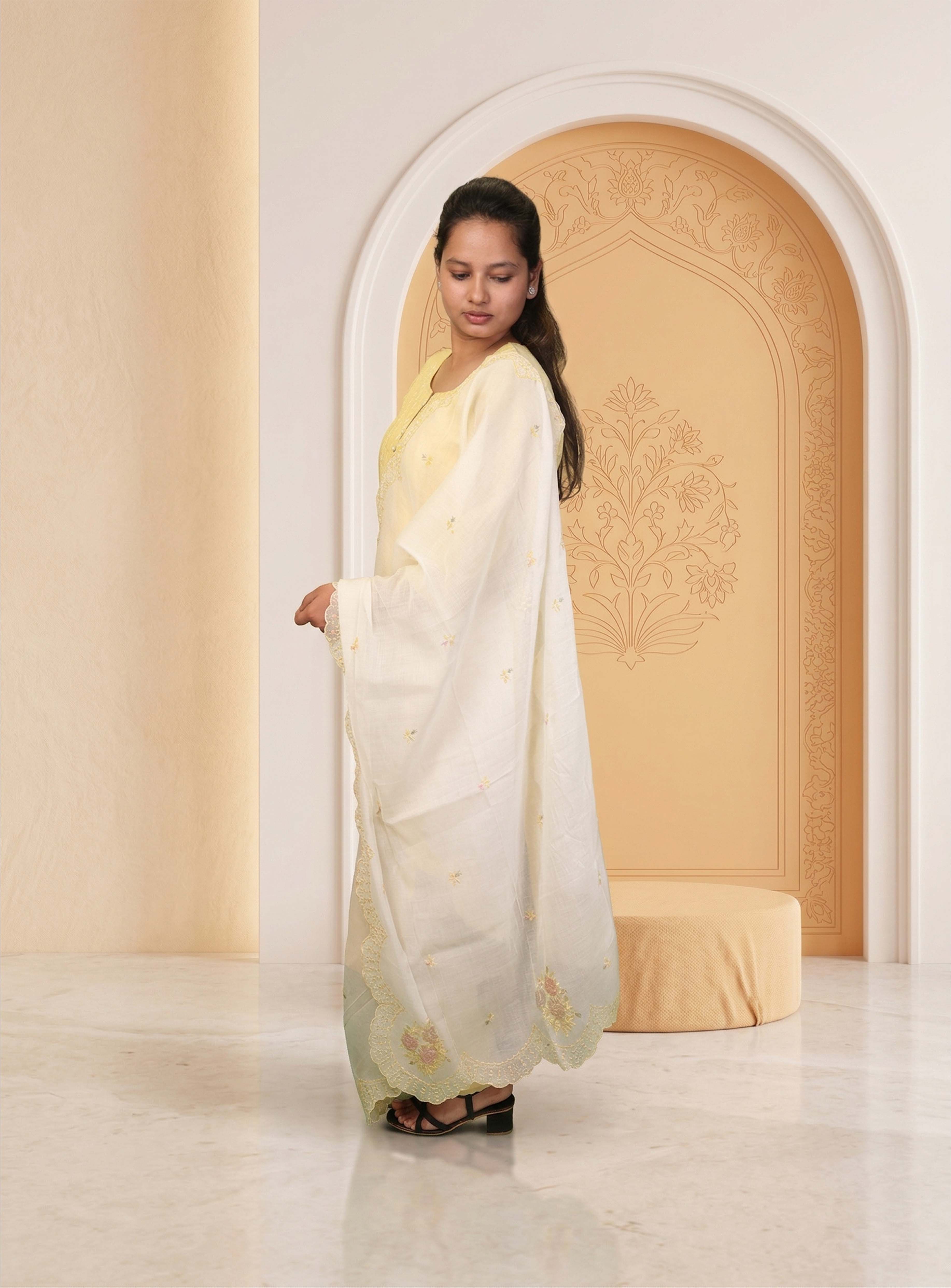 Light Yellow banarasi mul chanderi straight suit-set with dupatta