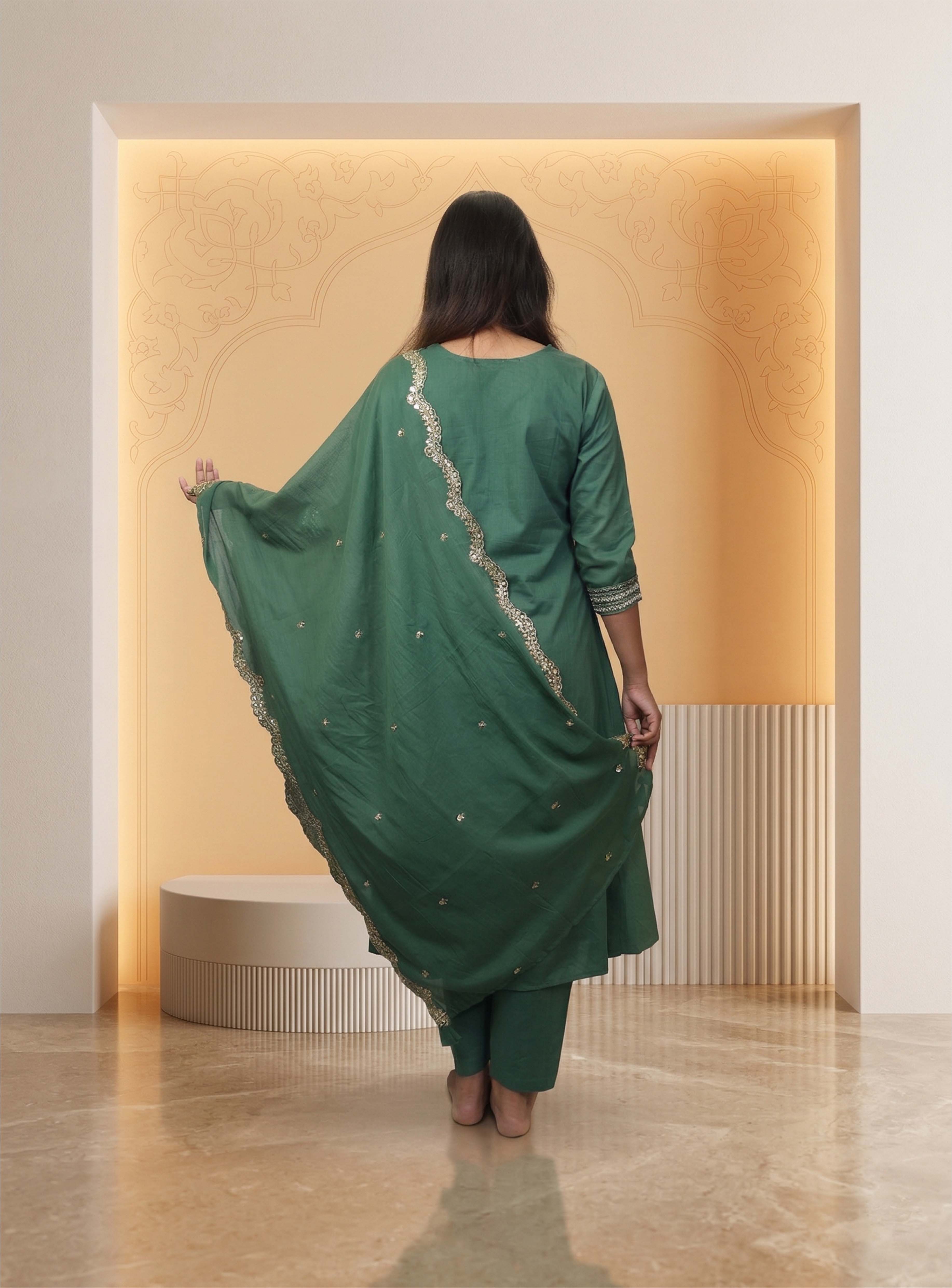 Green cotton anarkali suit-set with dupatta