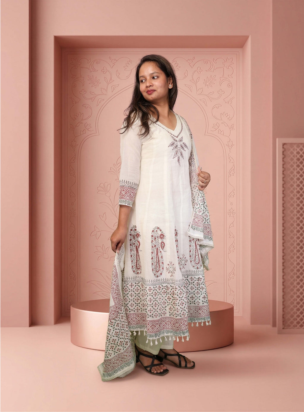 Handloom white blockprint anarkali with dupatta