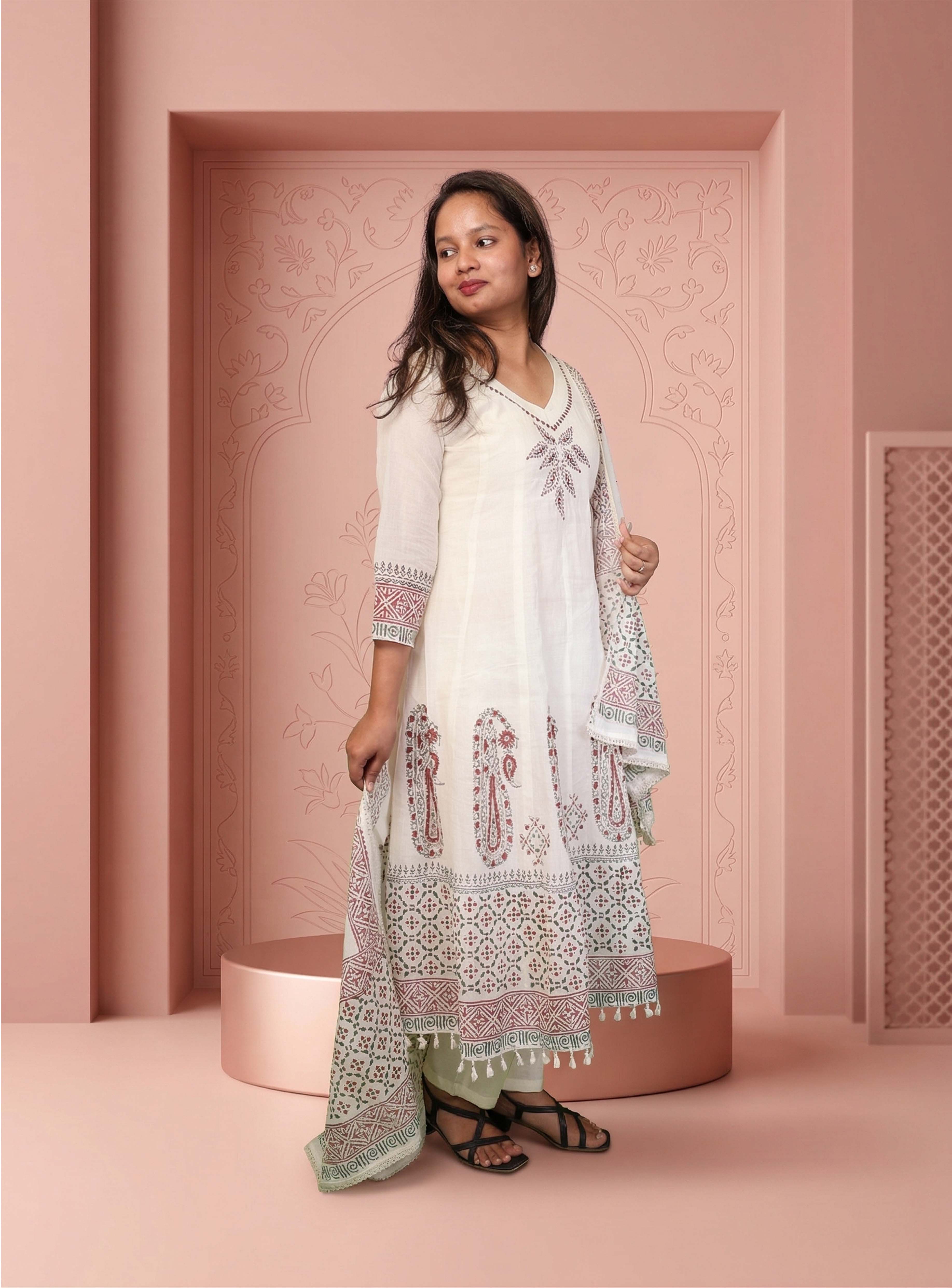 Handloom white blockprint anarkali with dupatta