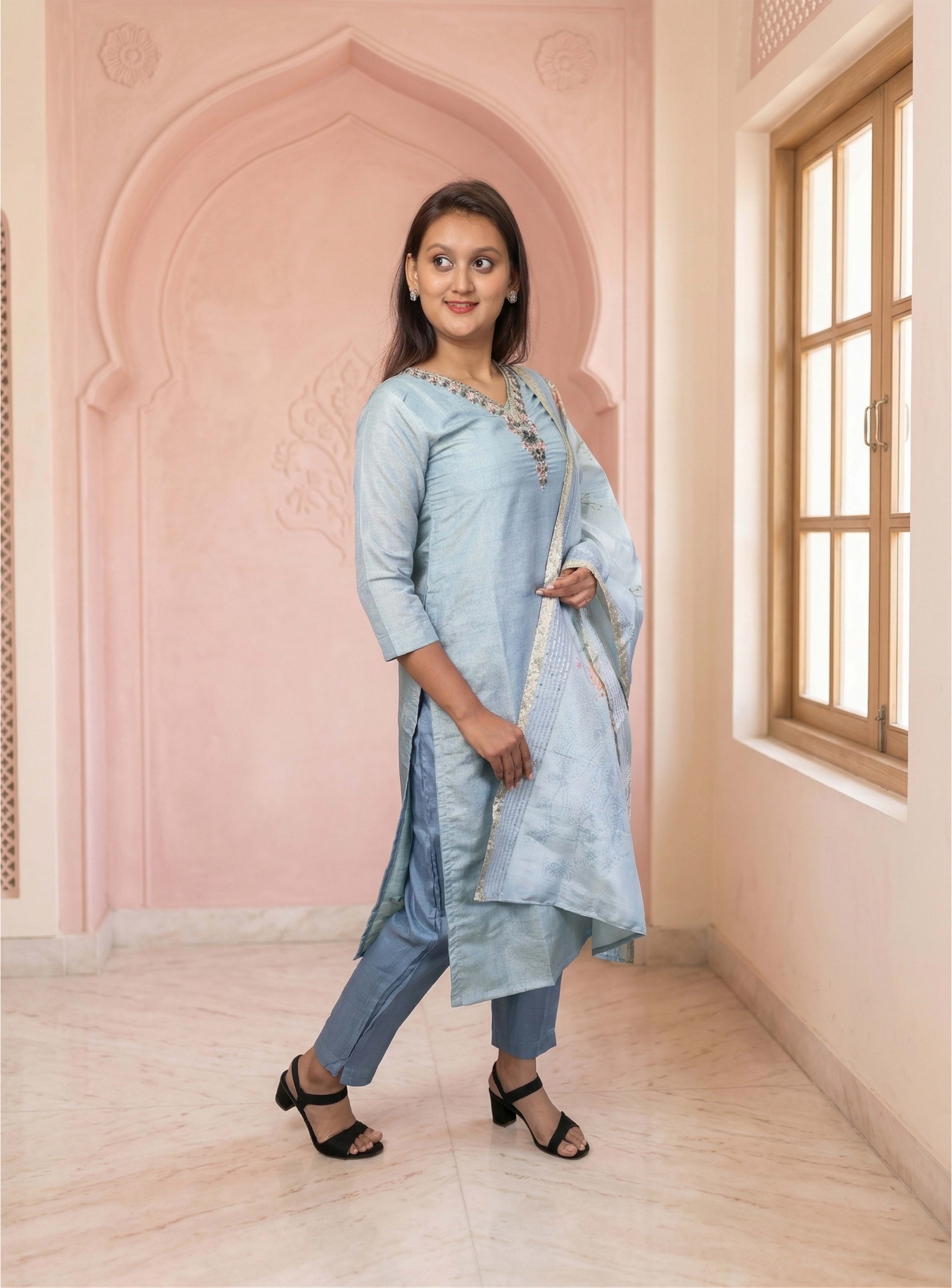 Baby blue chanderi straight suit set with dupatta