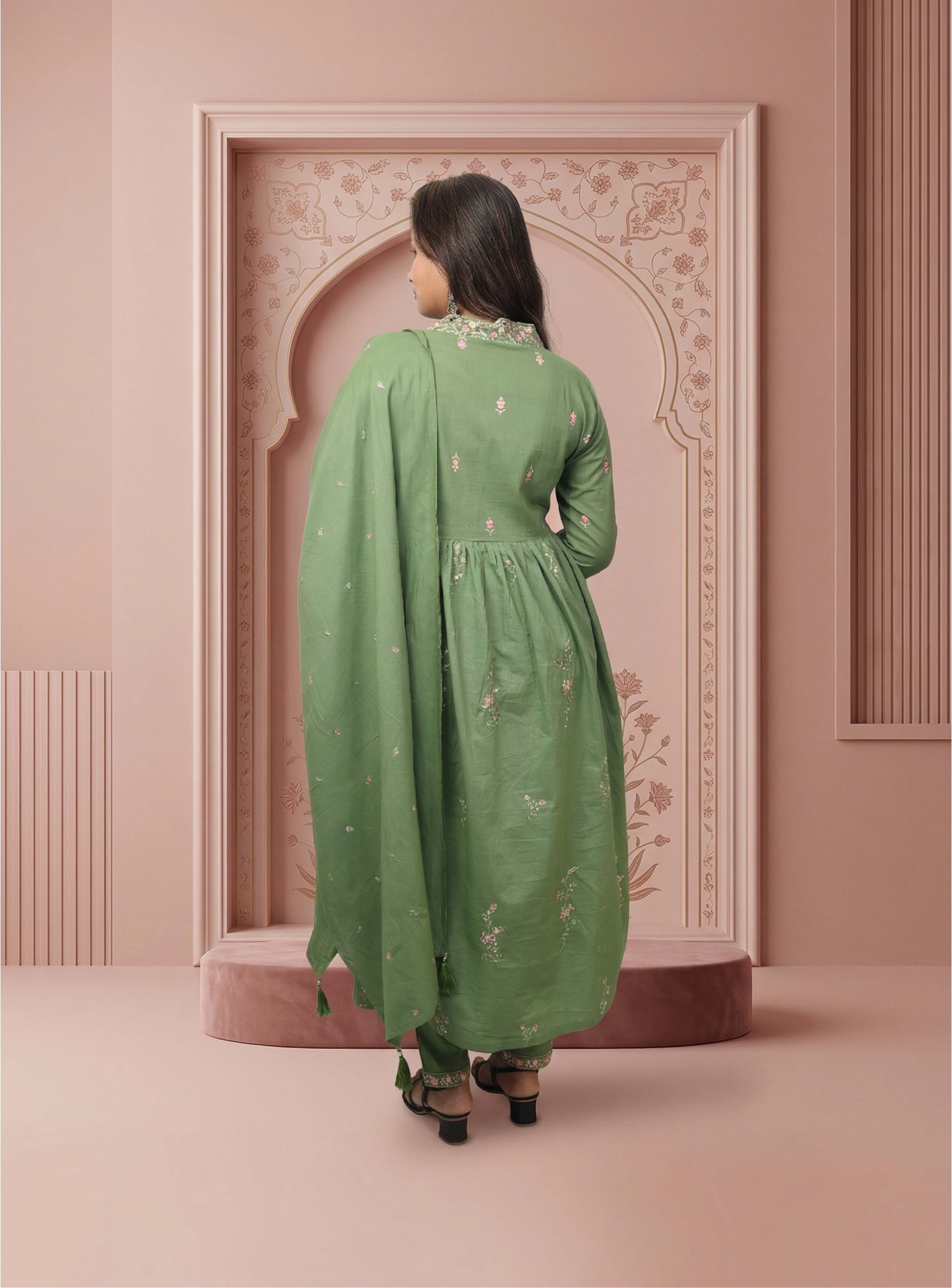 Green thread work cotton A-line suit set with dupatta