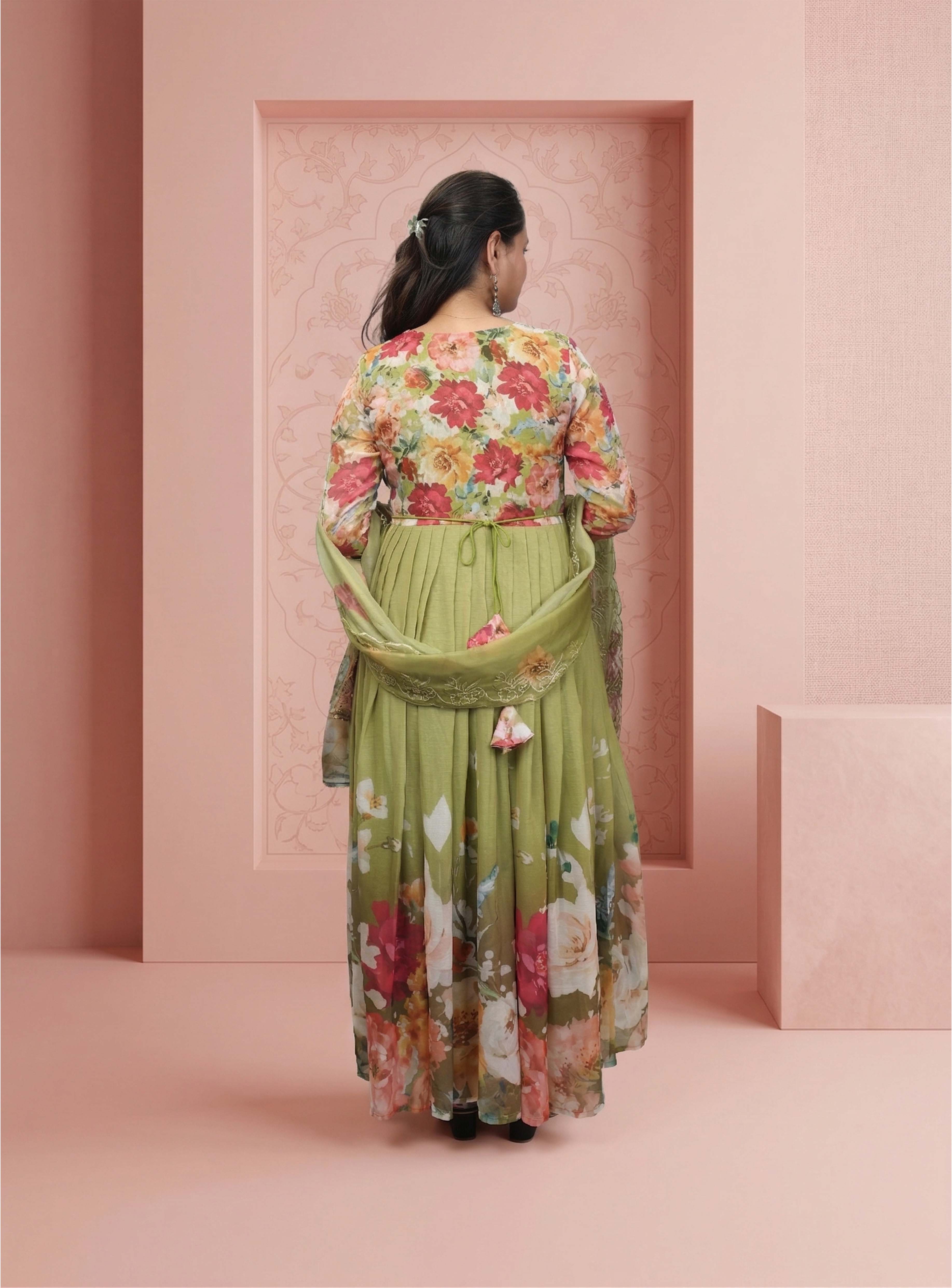 Green Printed chiffon anarkali set with dupatta