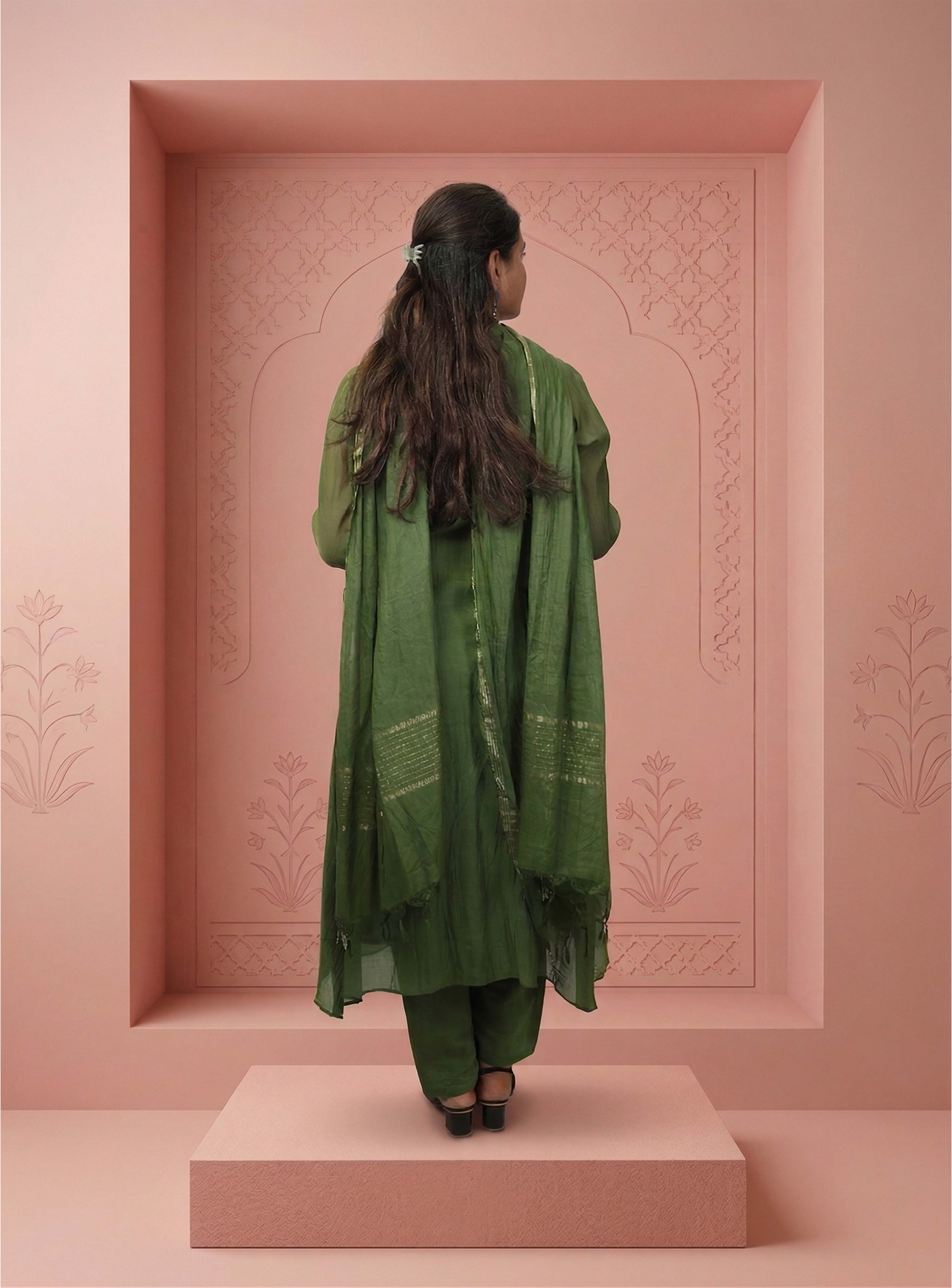 Green banarasi mul chanderi A-line handwork suit-set with dupatta