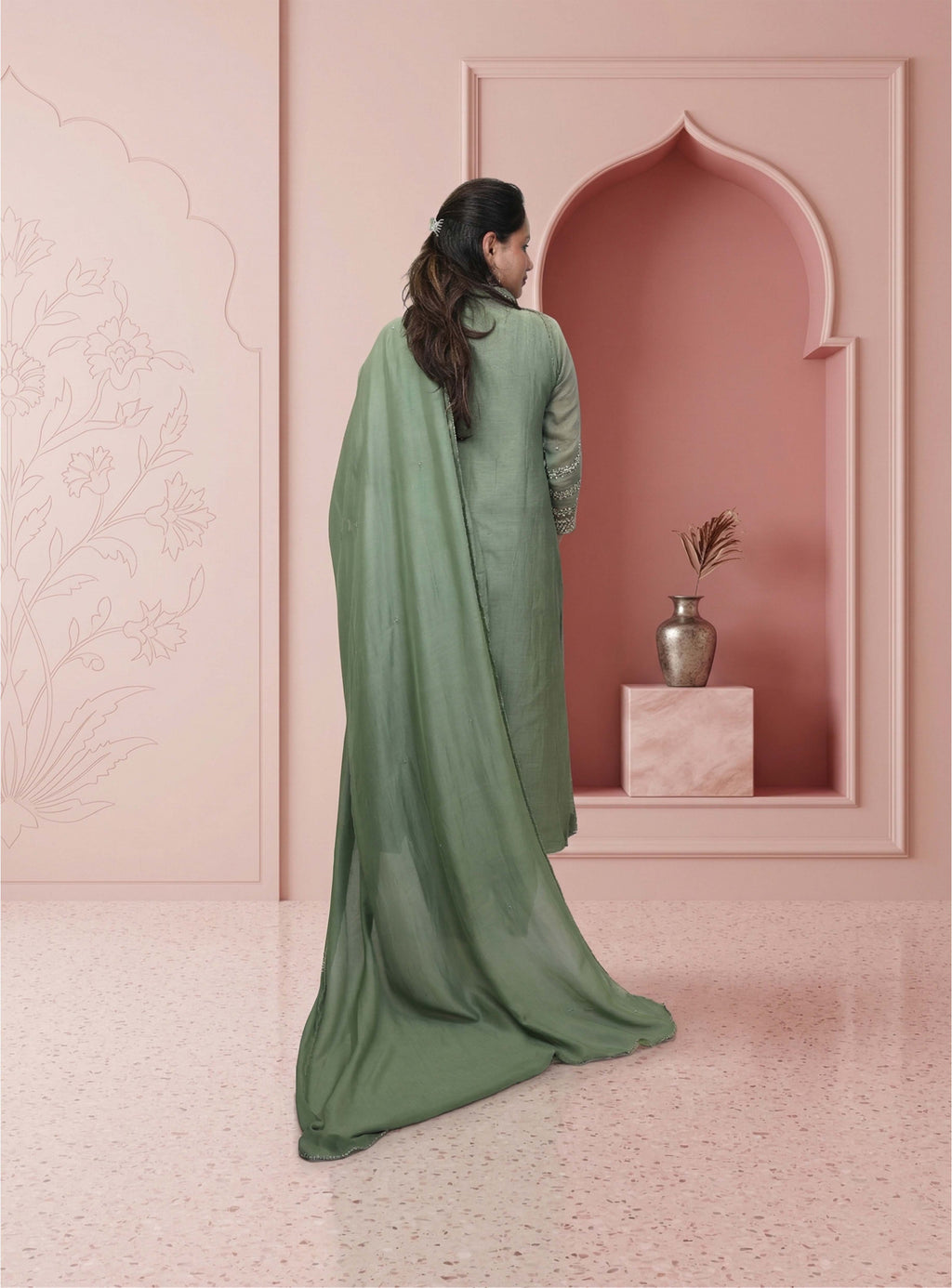 Green banarasi mul chanderi anarkali with dupatta