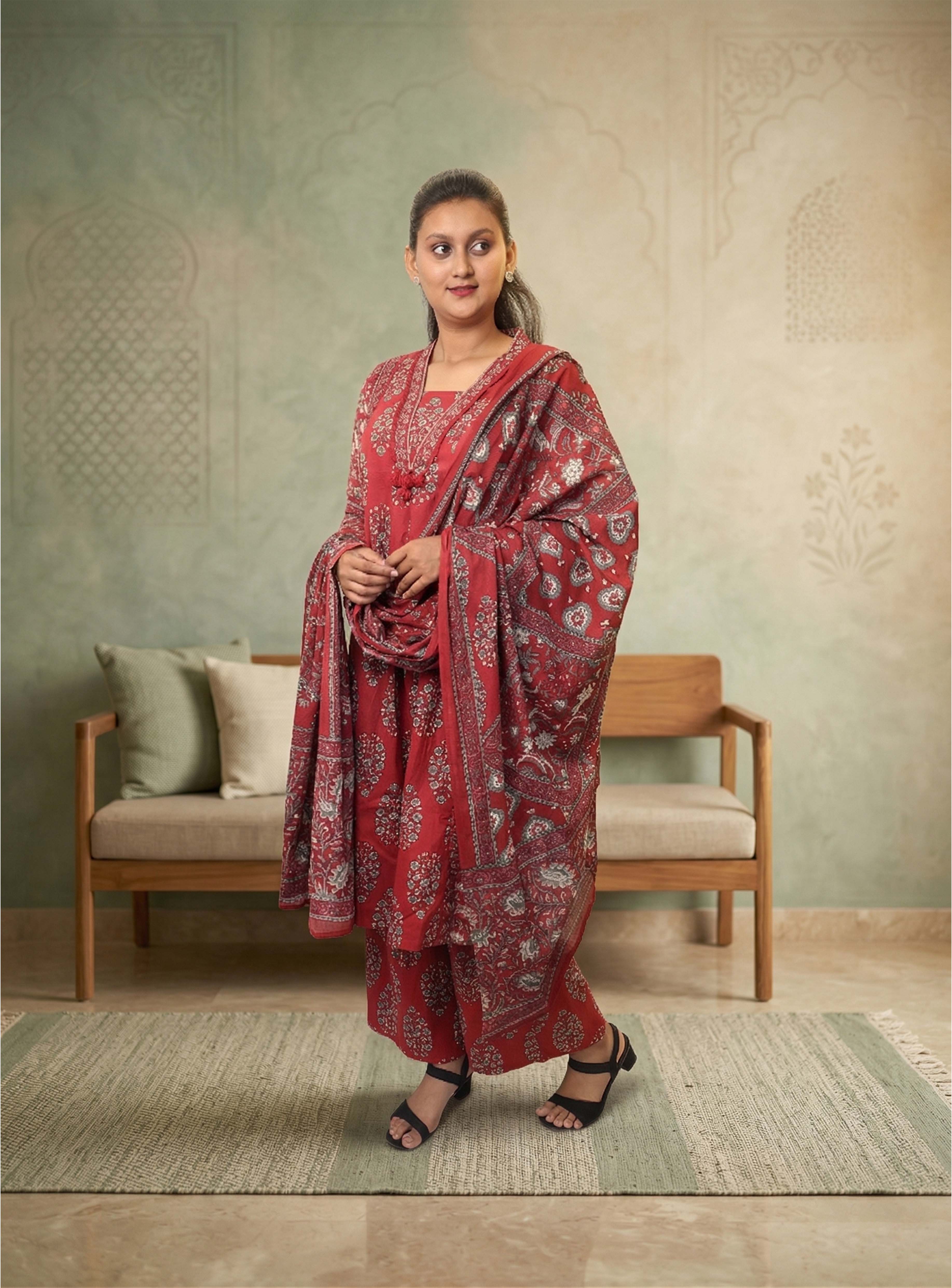 Red Printed Cotton A-line Suit-set with Dupatta