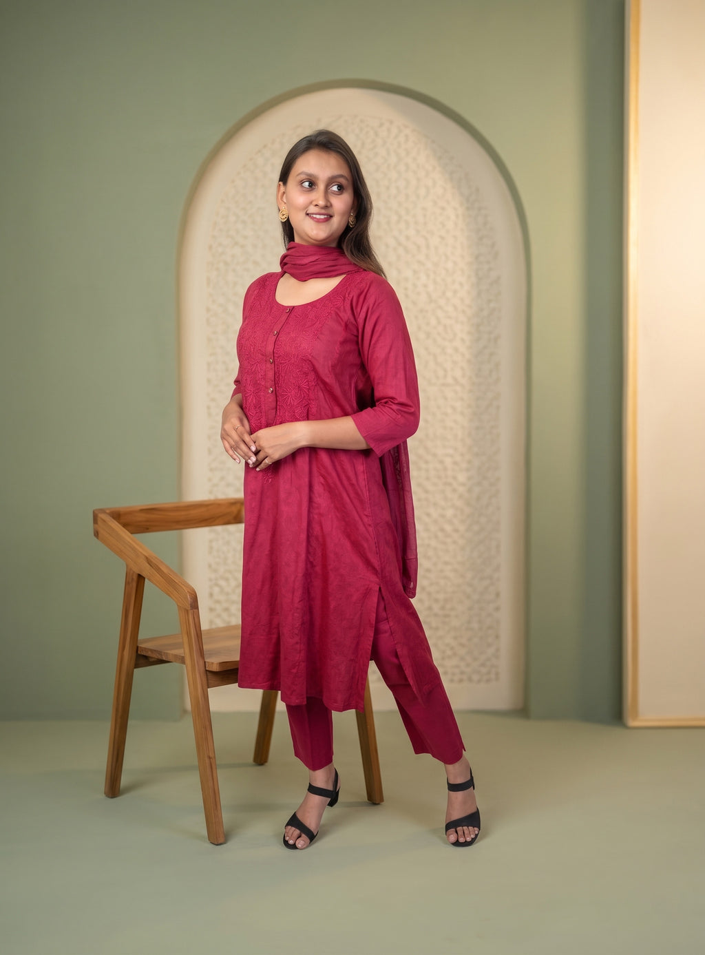 Bright maroon dobby cotton straight suit set with dupatta