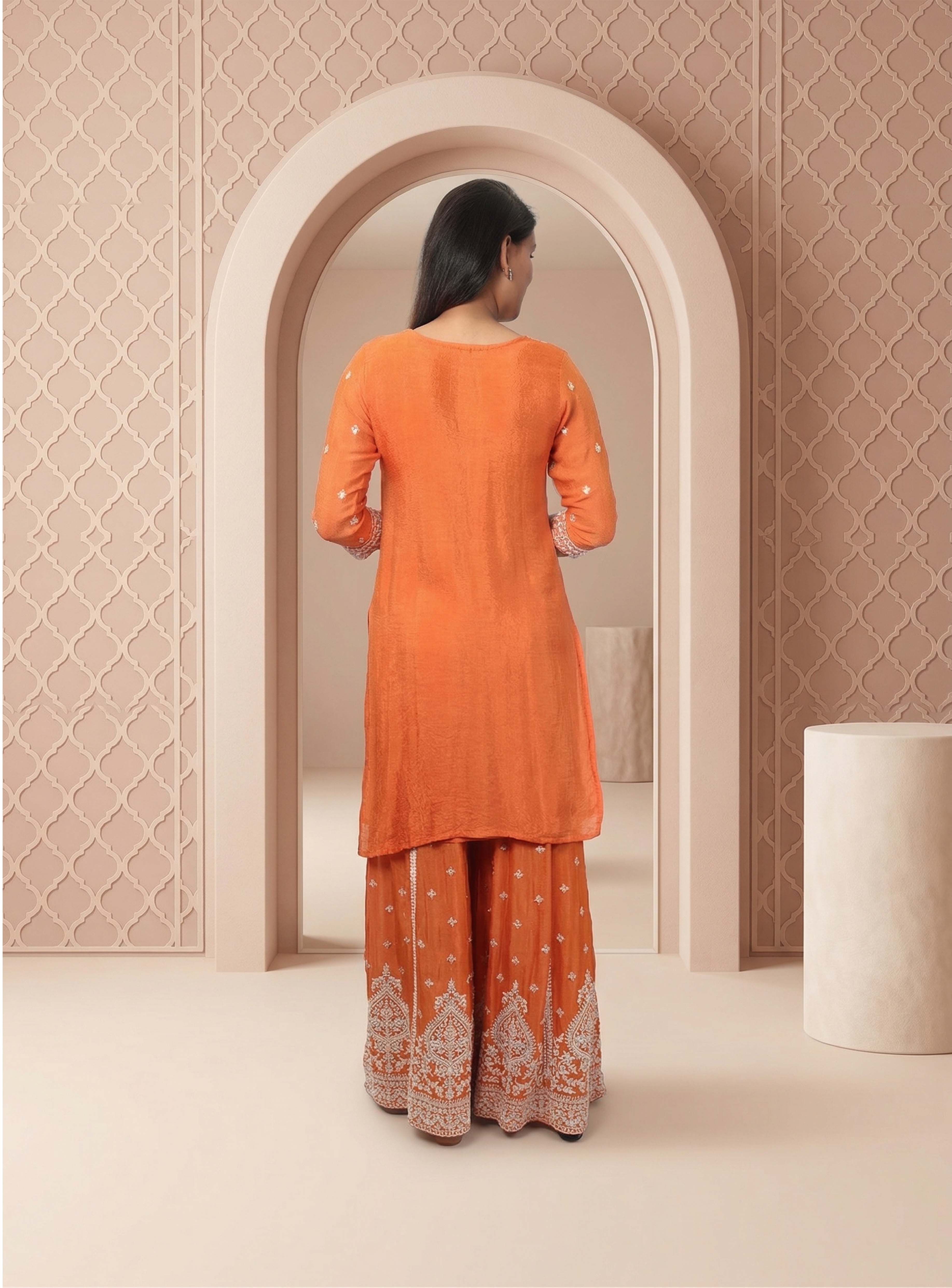 Rust orange handwork garara with dupatta