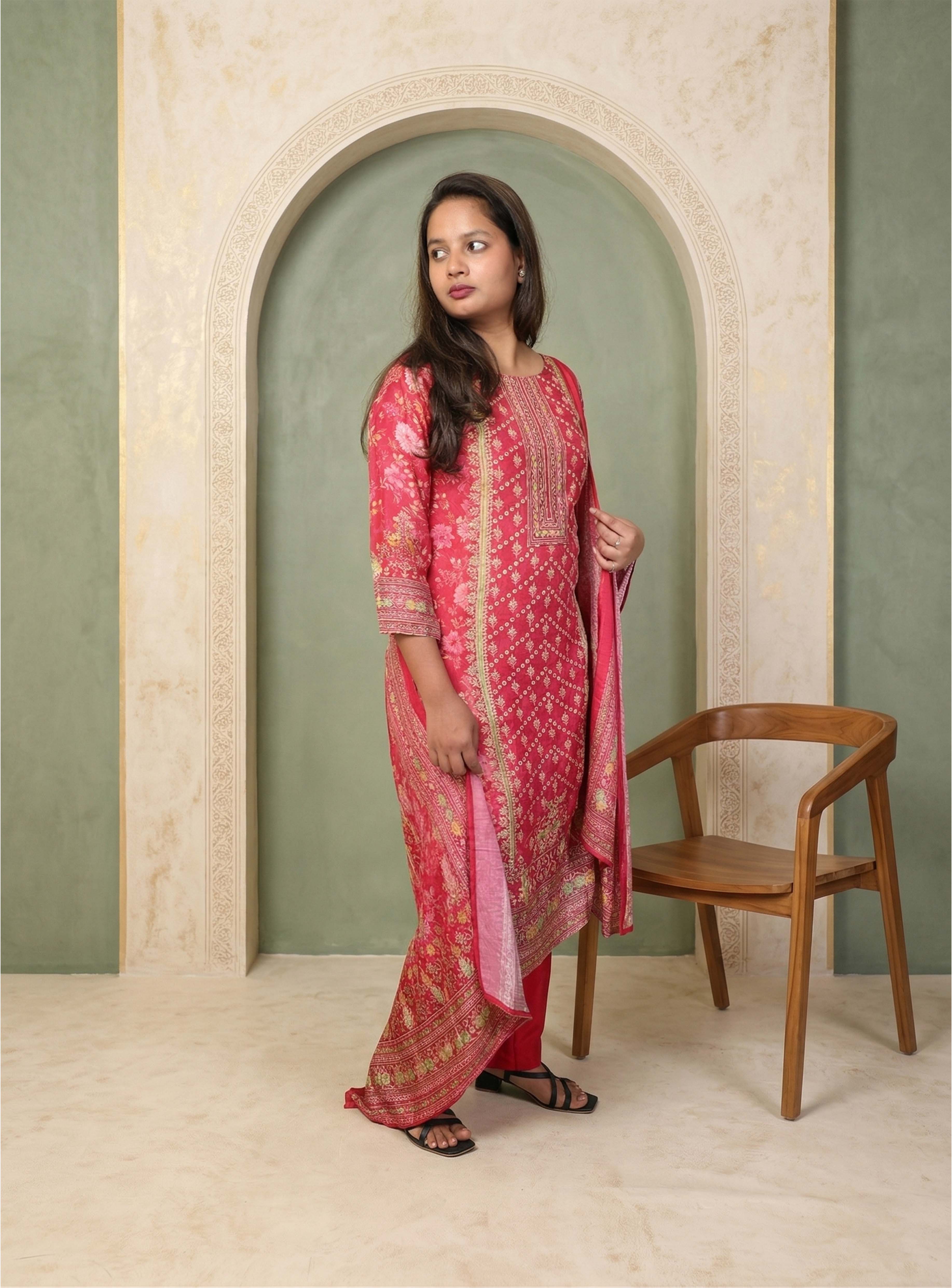 Pink muslin printed straight suit set with dupatta