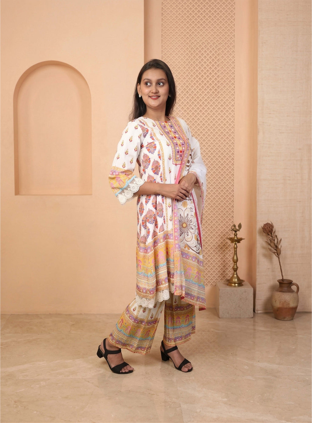 Off white mull cotton short anarkali suit set with dupatta