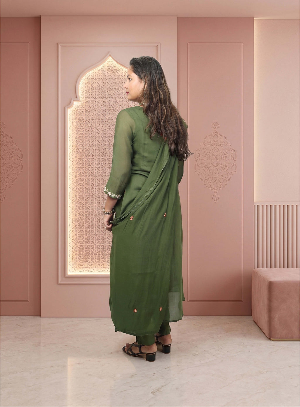 Green mul chanderi A-line suit-set with dupatta