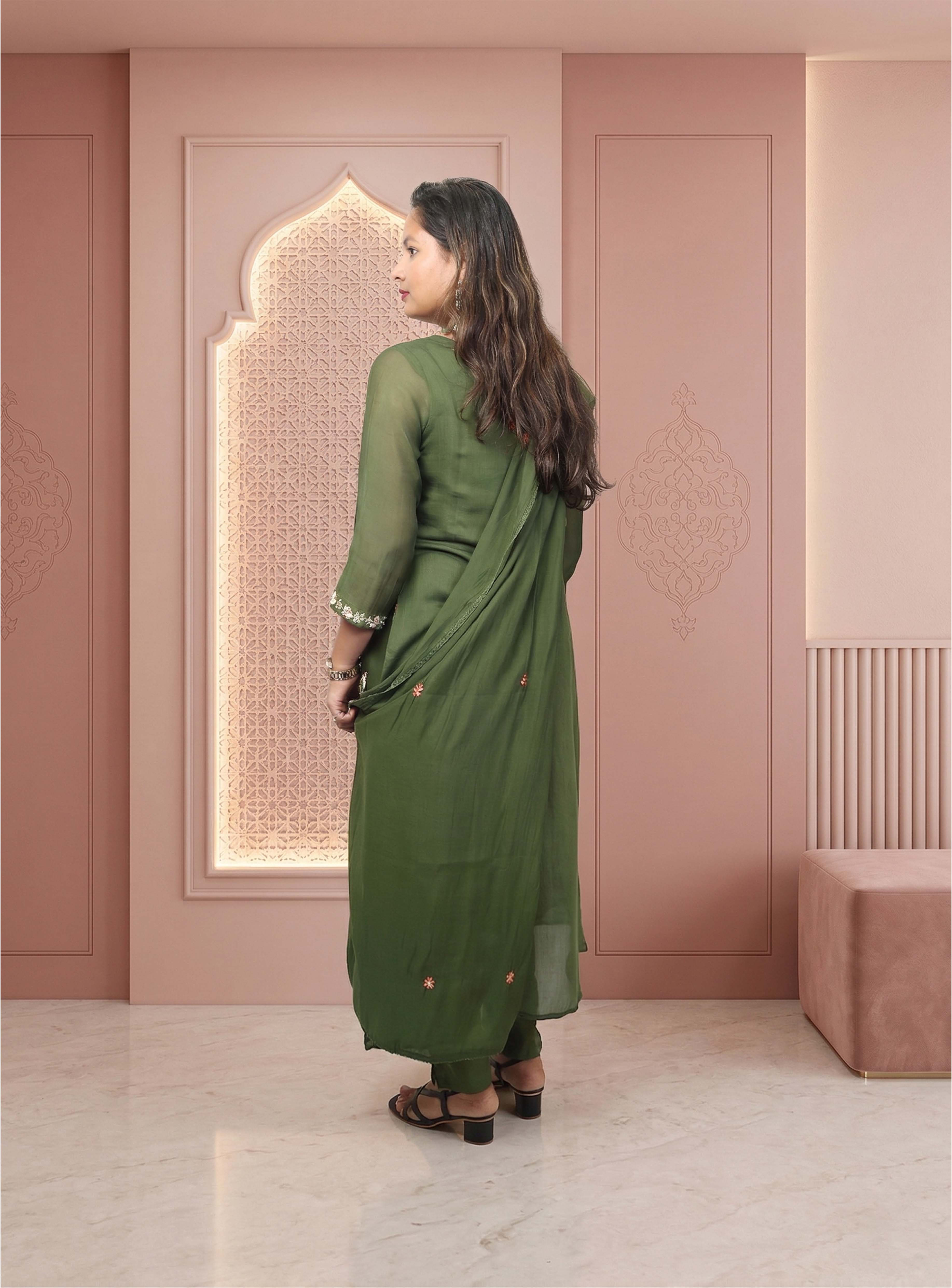 Green mul chanderi A-line suit-set with dupatta