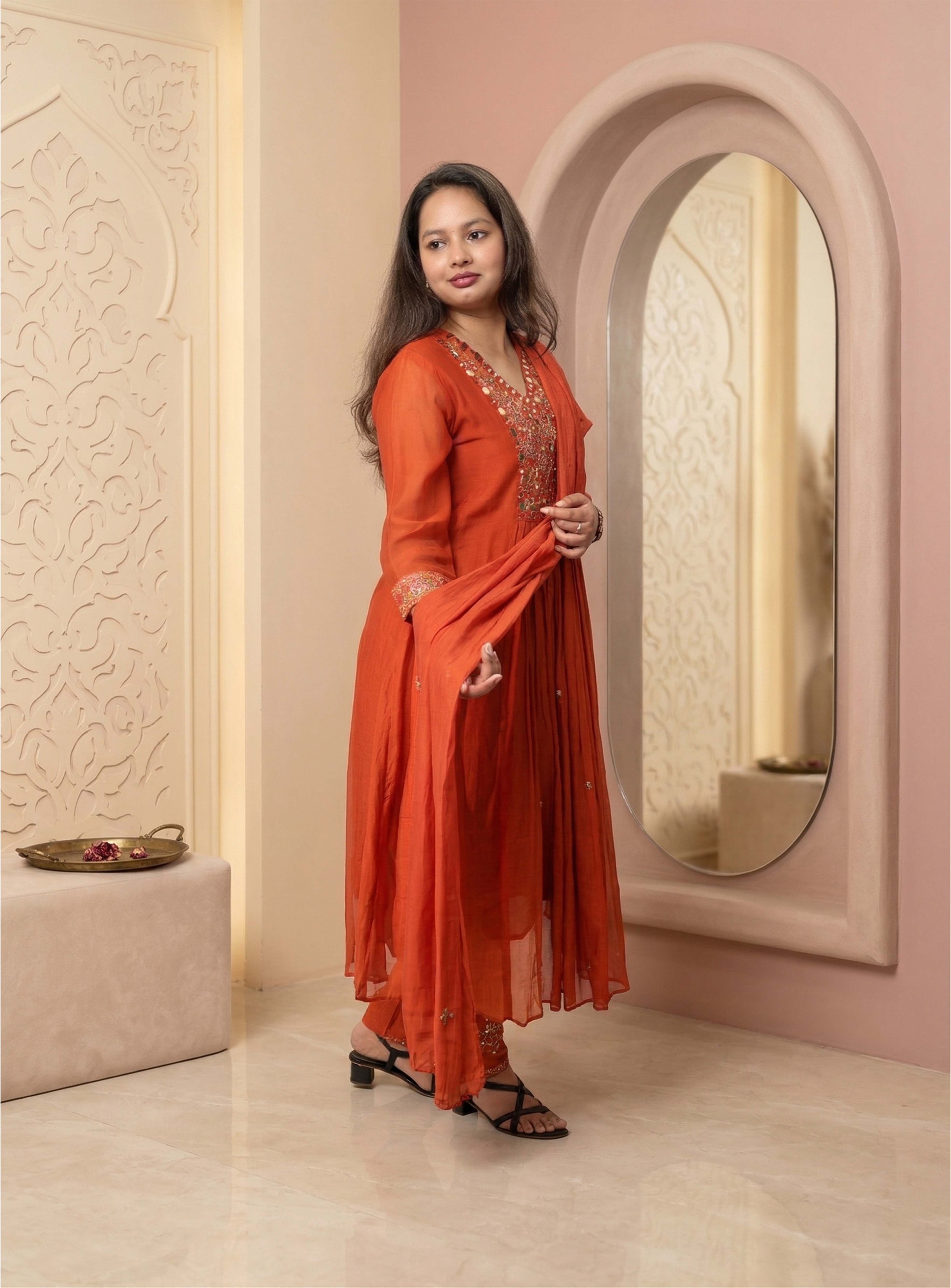 Rust Orange Banarasi Mul Chanderi Anarkali Suit-set with dupatta