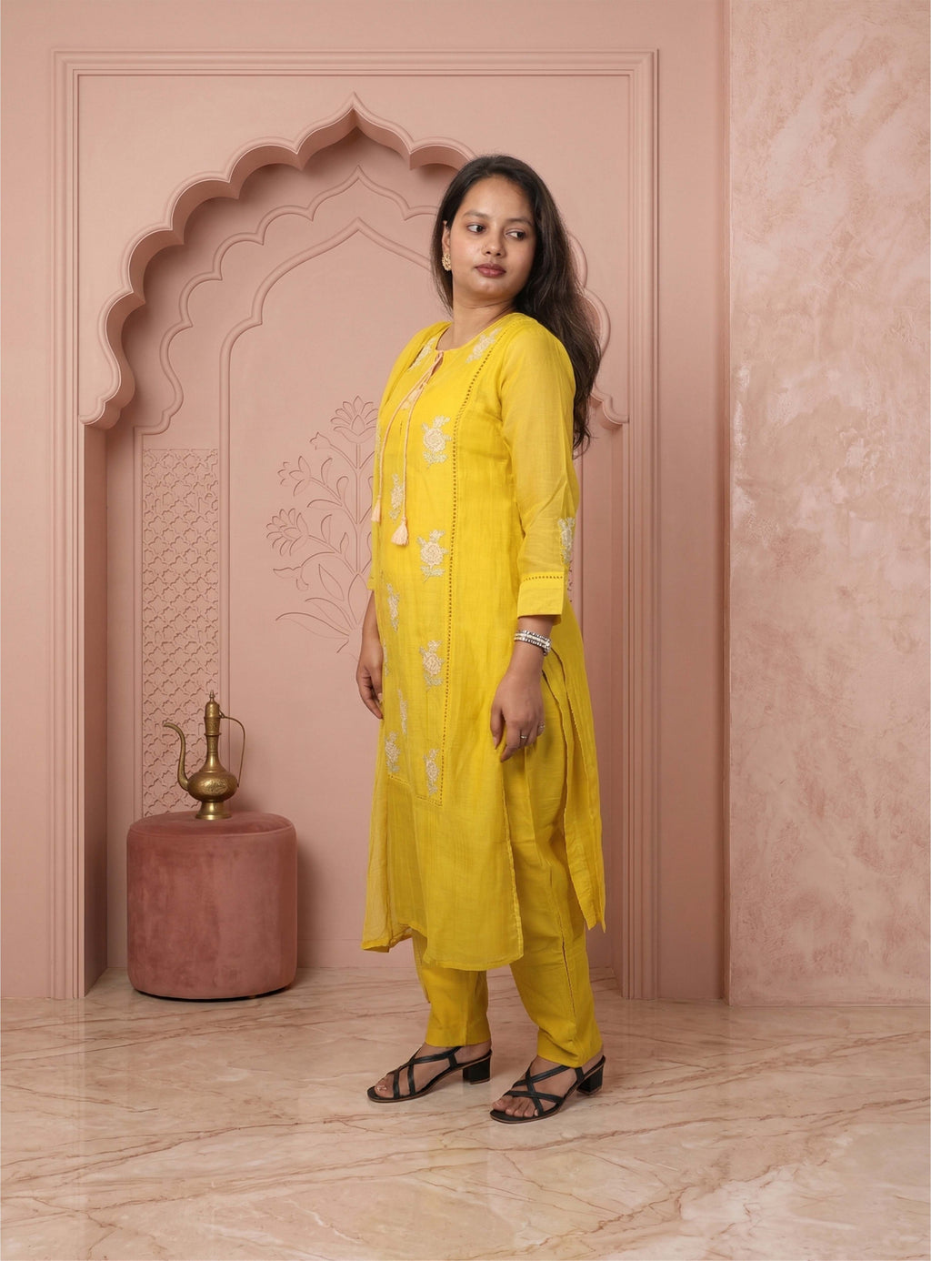 Yellow Banarasi mull chanderi straight handwork suit set with dupatta