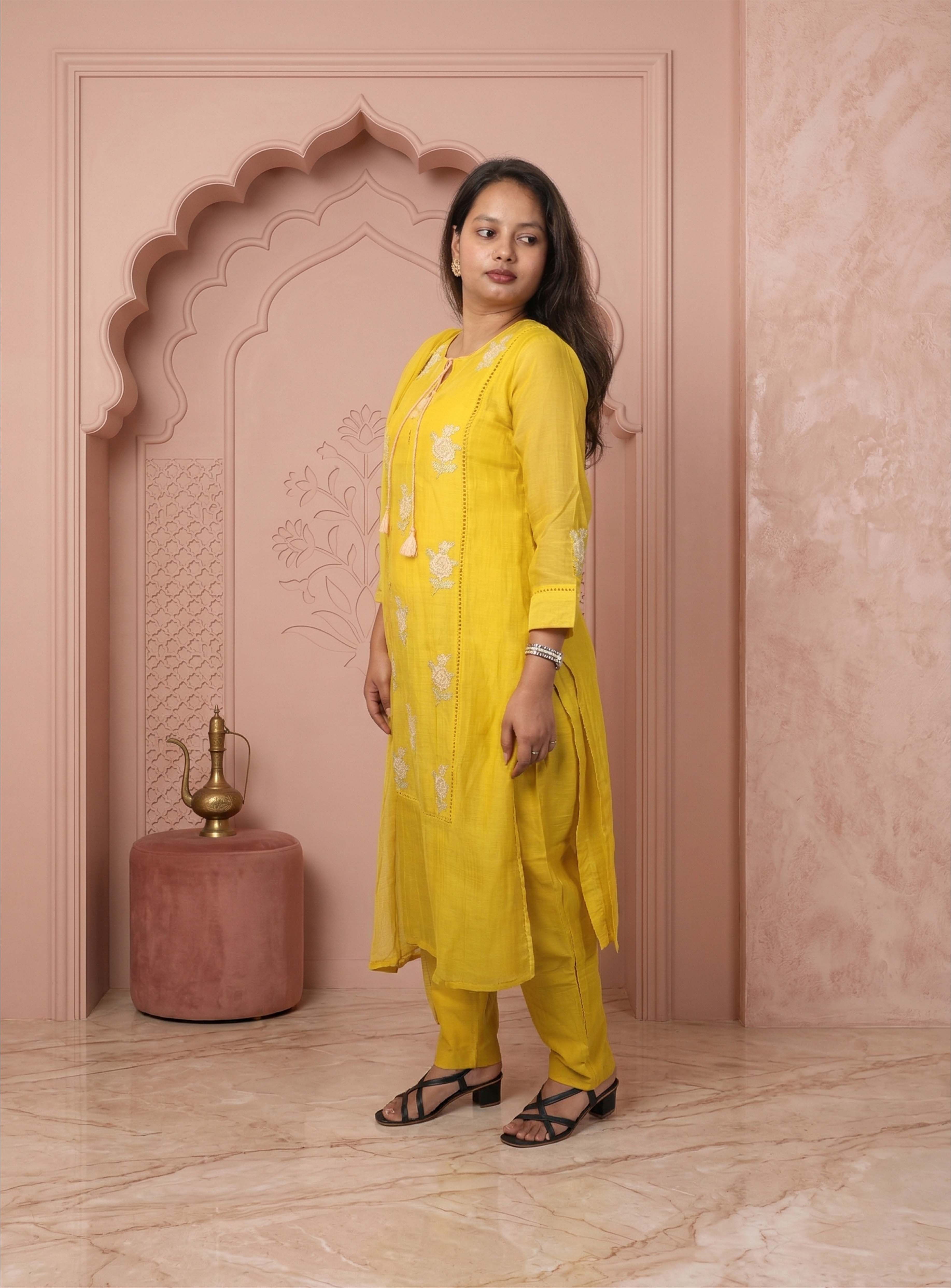 Yellow Banarasi mull chanderi straight handwork suit set with dupatta