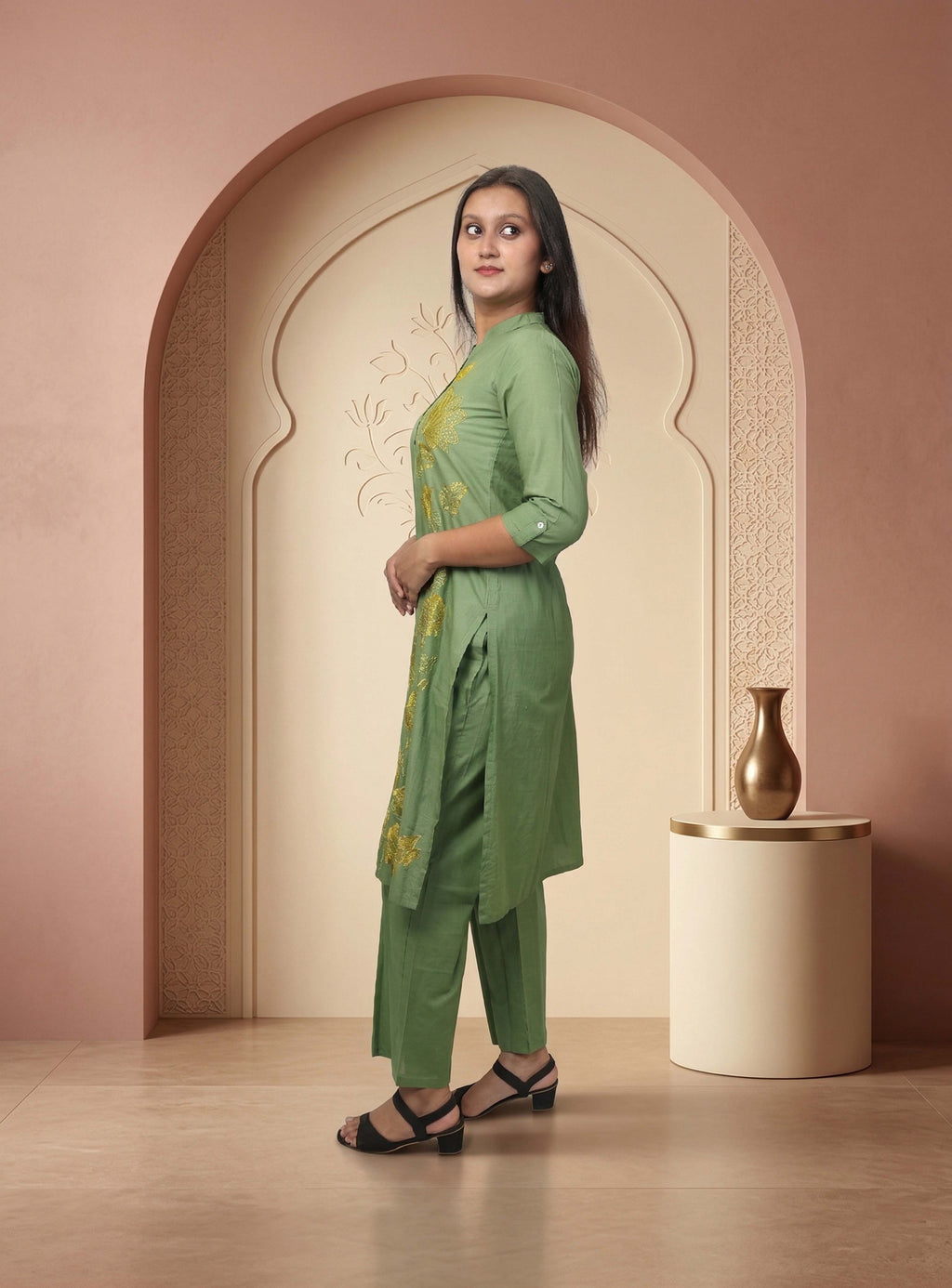 Green thread embroidery straight co-ord set