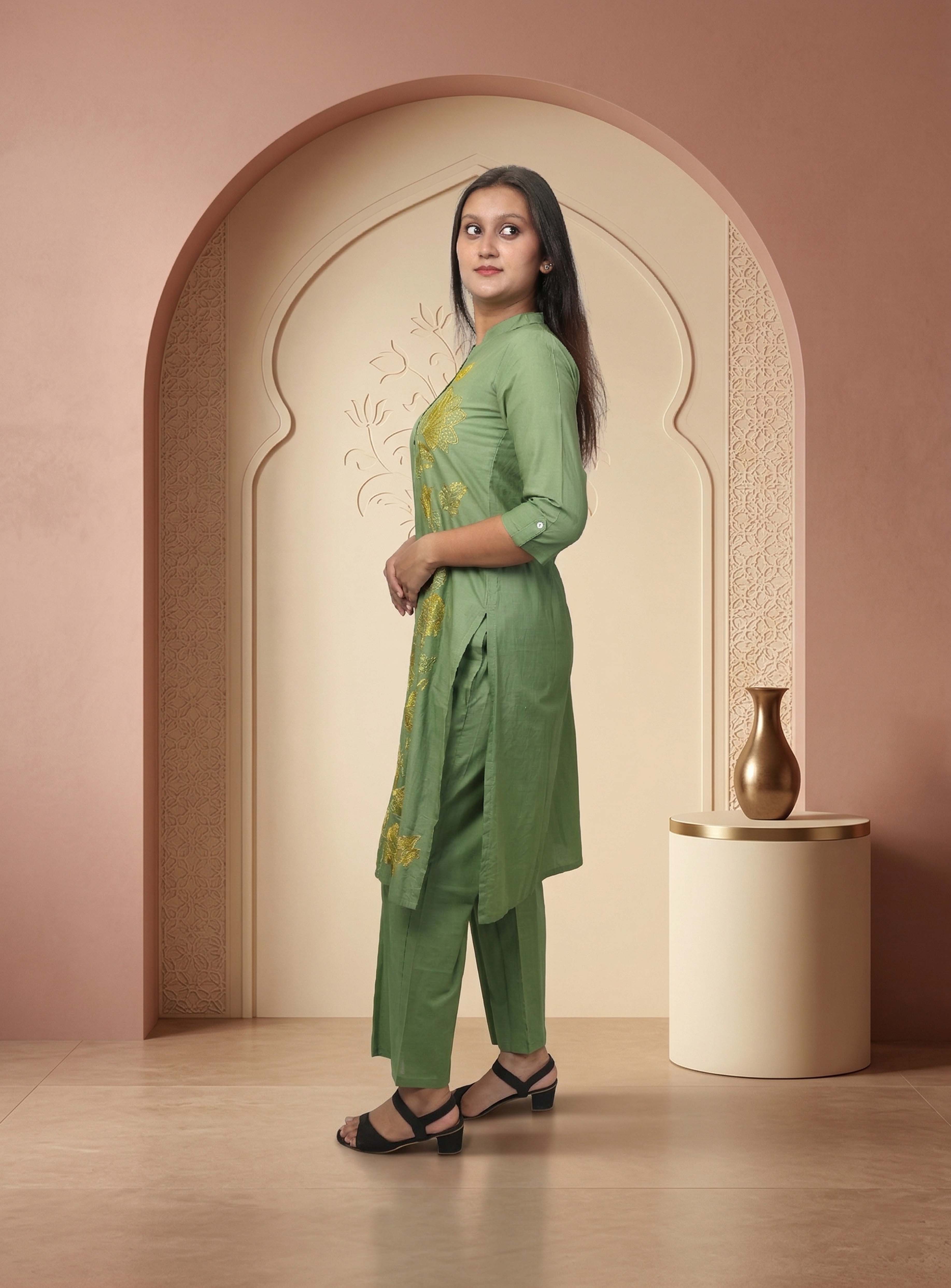 Green thread embroidery straight co-ord set