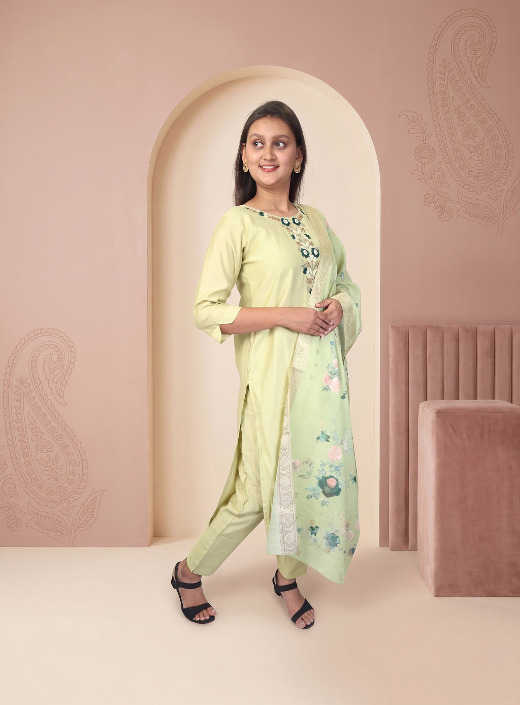 Pastel green silk blend straight suit set with dupatta