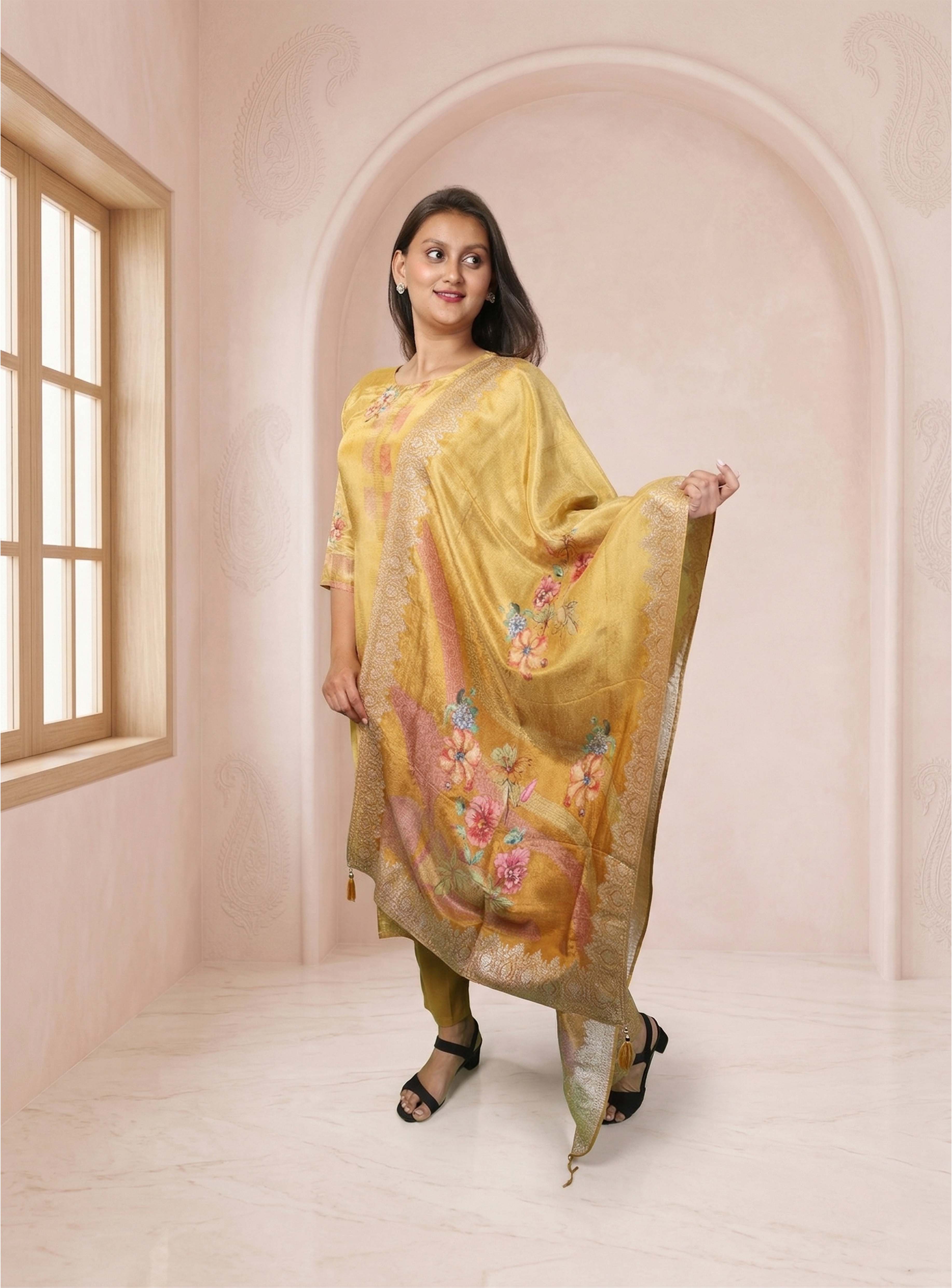 Musterd pure creap printed straight suit set with dupatta
