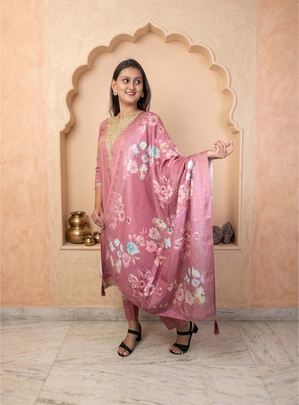 Rose pink silk blend shimmer straight suit set with dupatta