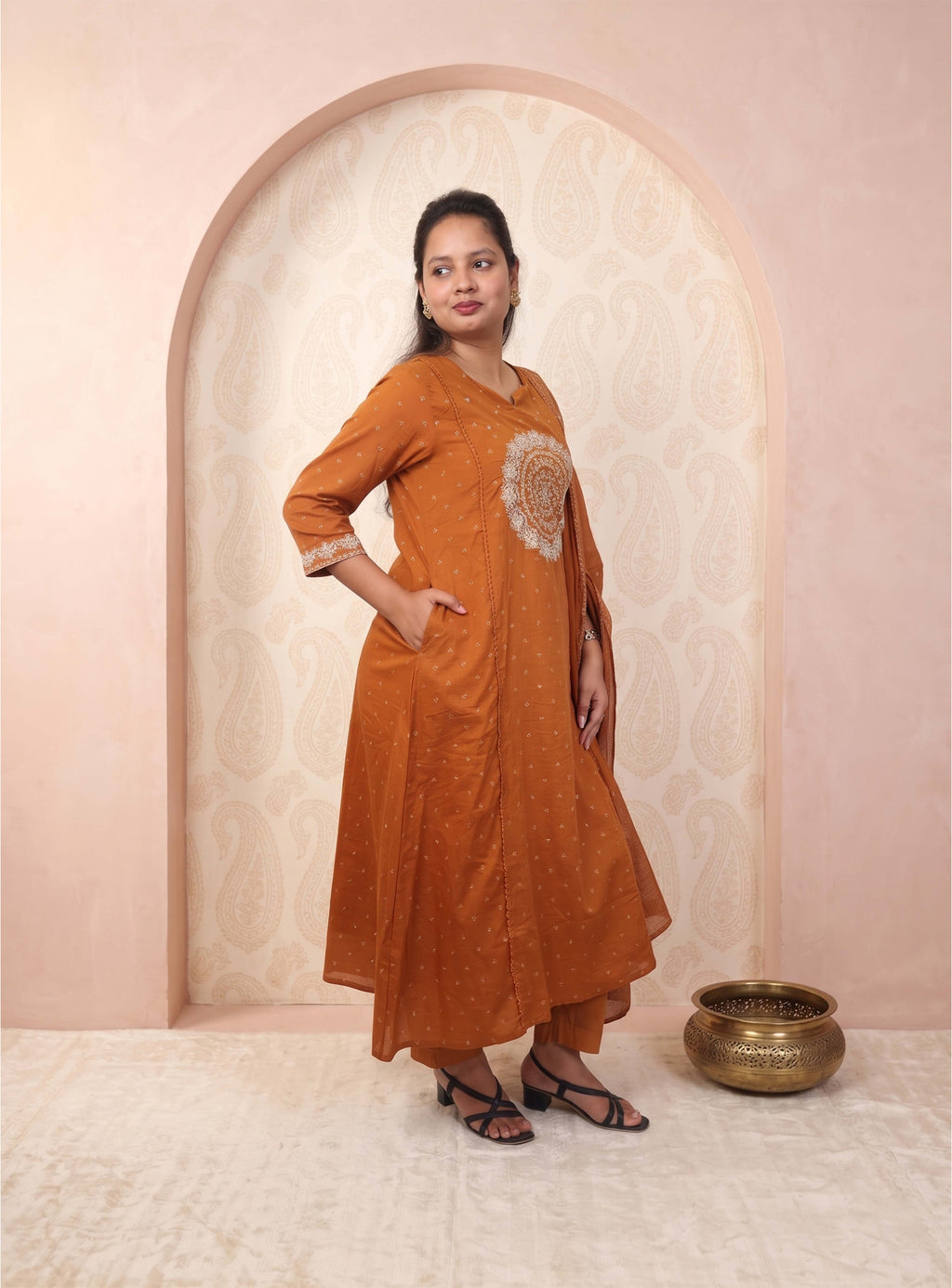 Rust orange Mull cotton A line Anarkali suit set with dupatta