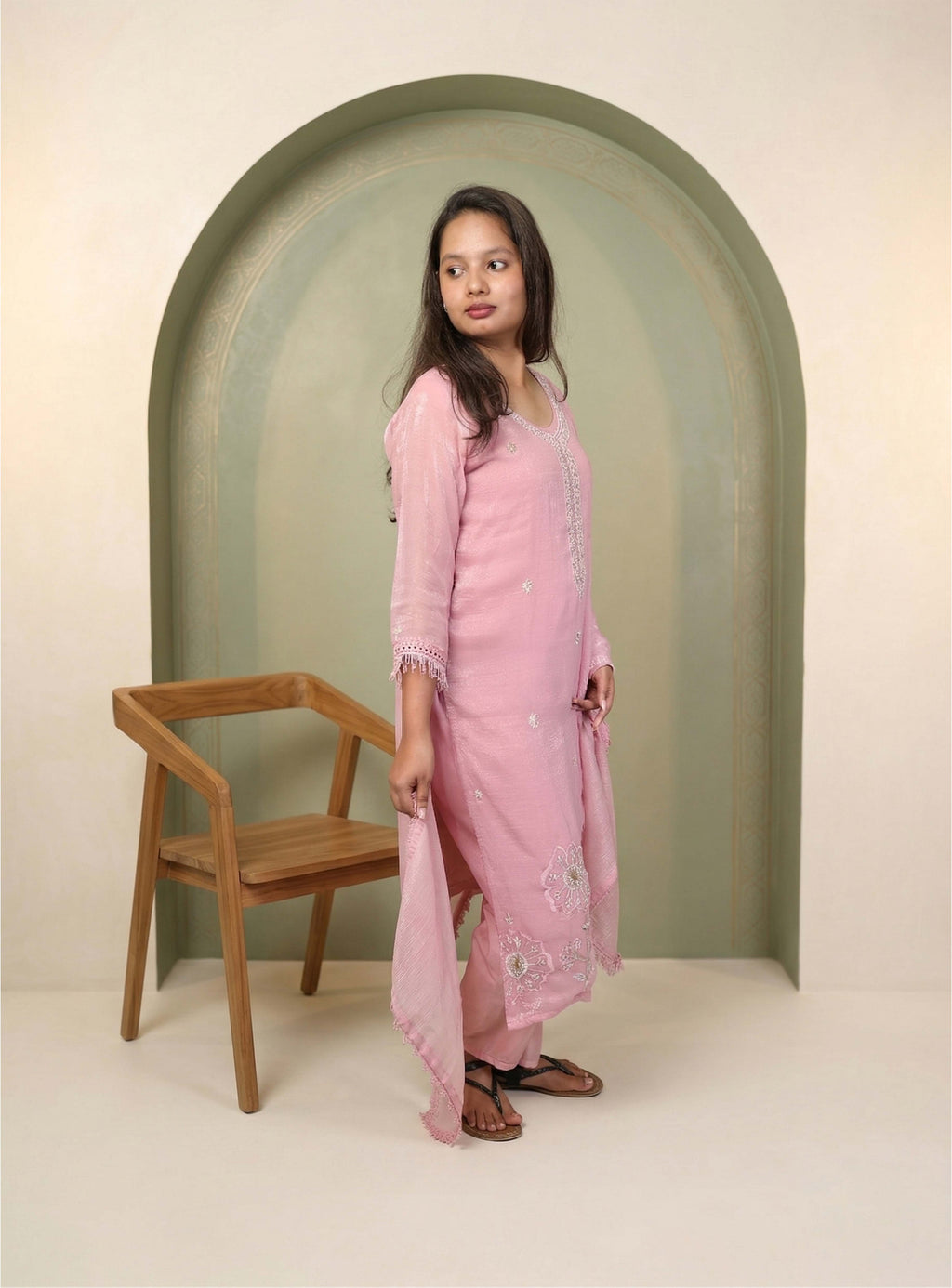 Pink tissue shimmer straight kurta with dupatta