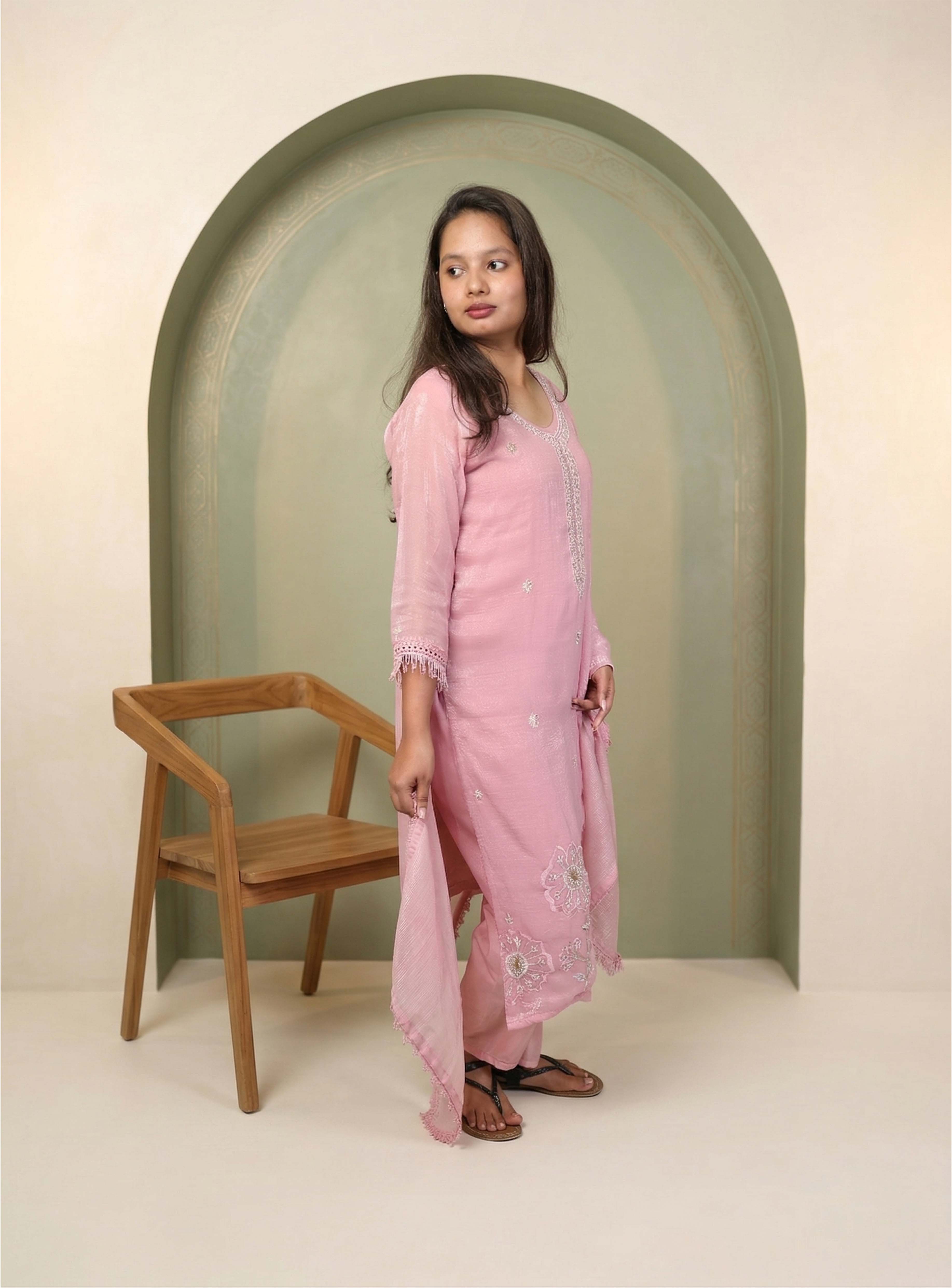 Pink tissue shimmer straight kurta with dupatta