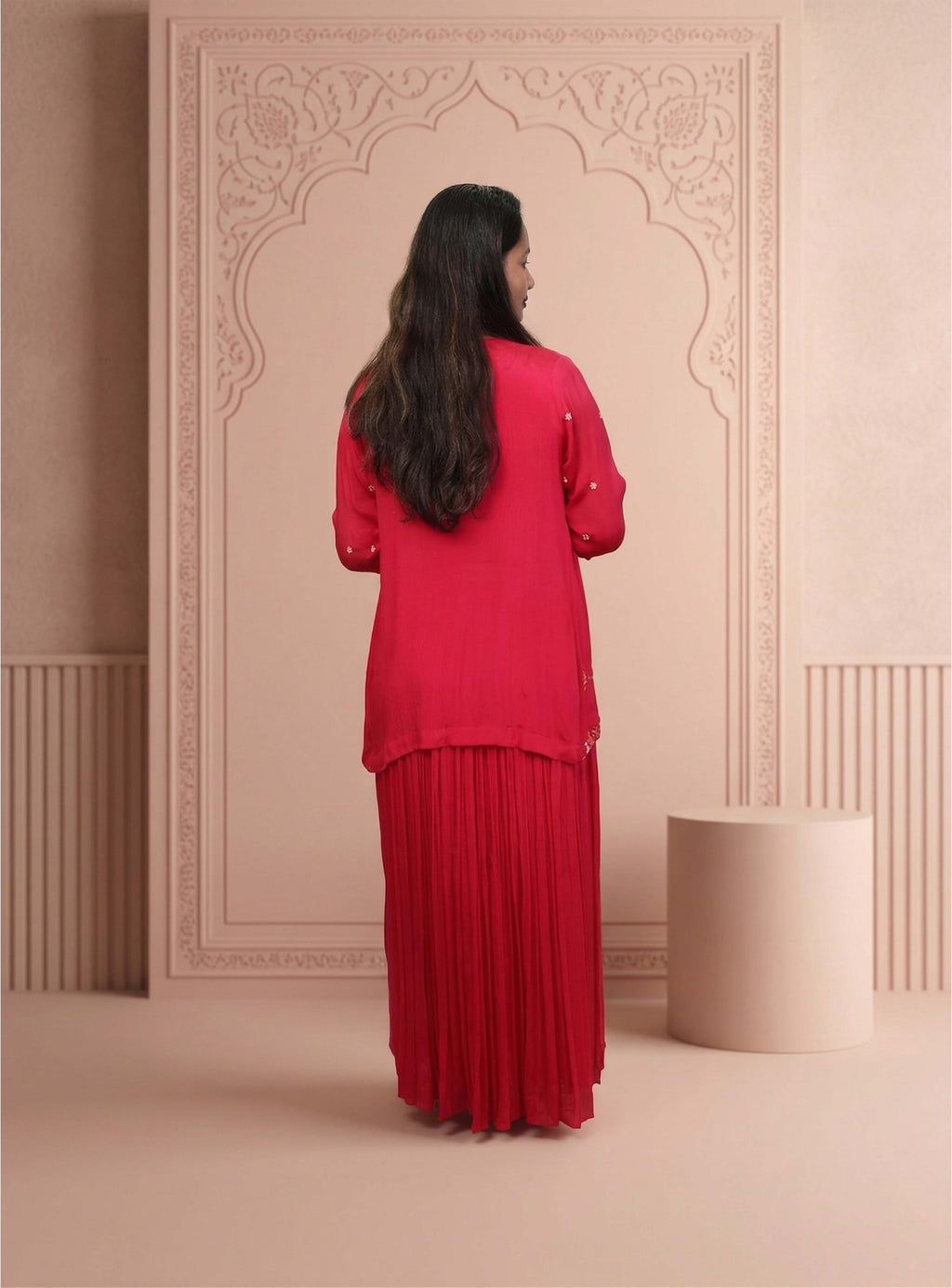Pink chinon crop-top with jacket, with plazzo pant
