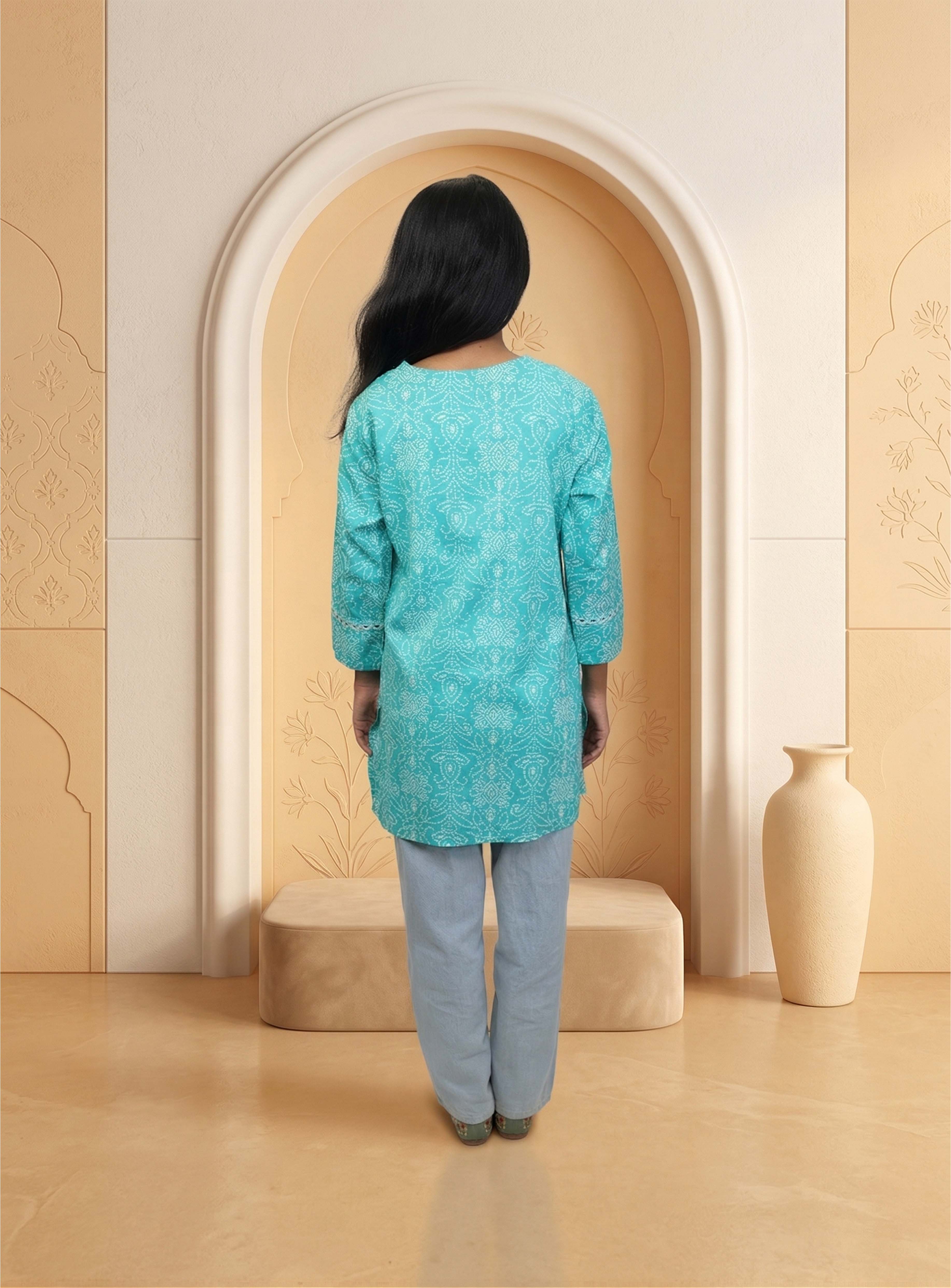 Green cotton bandhani short kurti